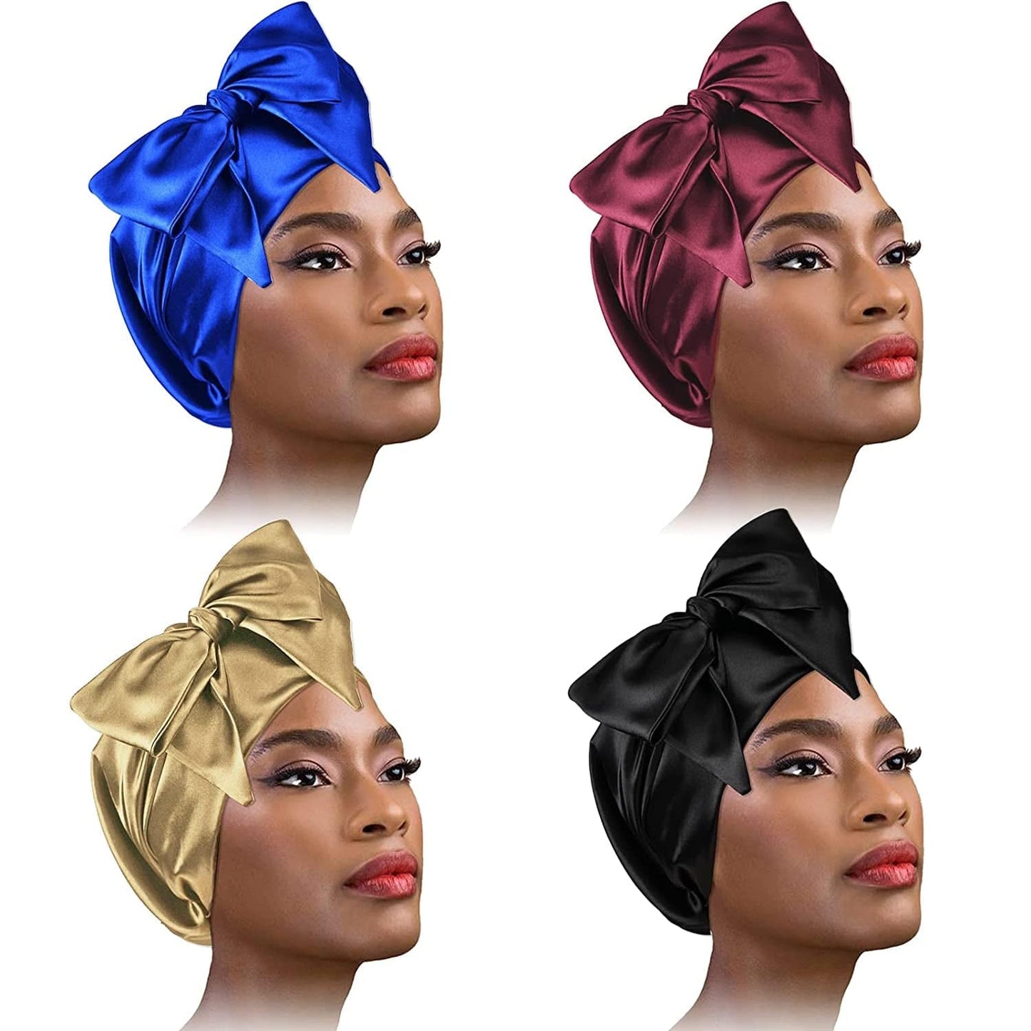 4 Piece Soft Satin Head Scarf Sleeping Cap Turbans Head Cover Bonnet Head Wear for Women (Set of 4) Apparel & Accessories > Clothing Accessories > Headwear YMHPRIDE Black, Wine Red, Royal Blue, Khaki