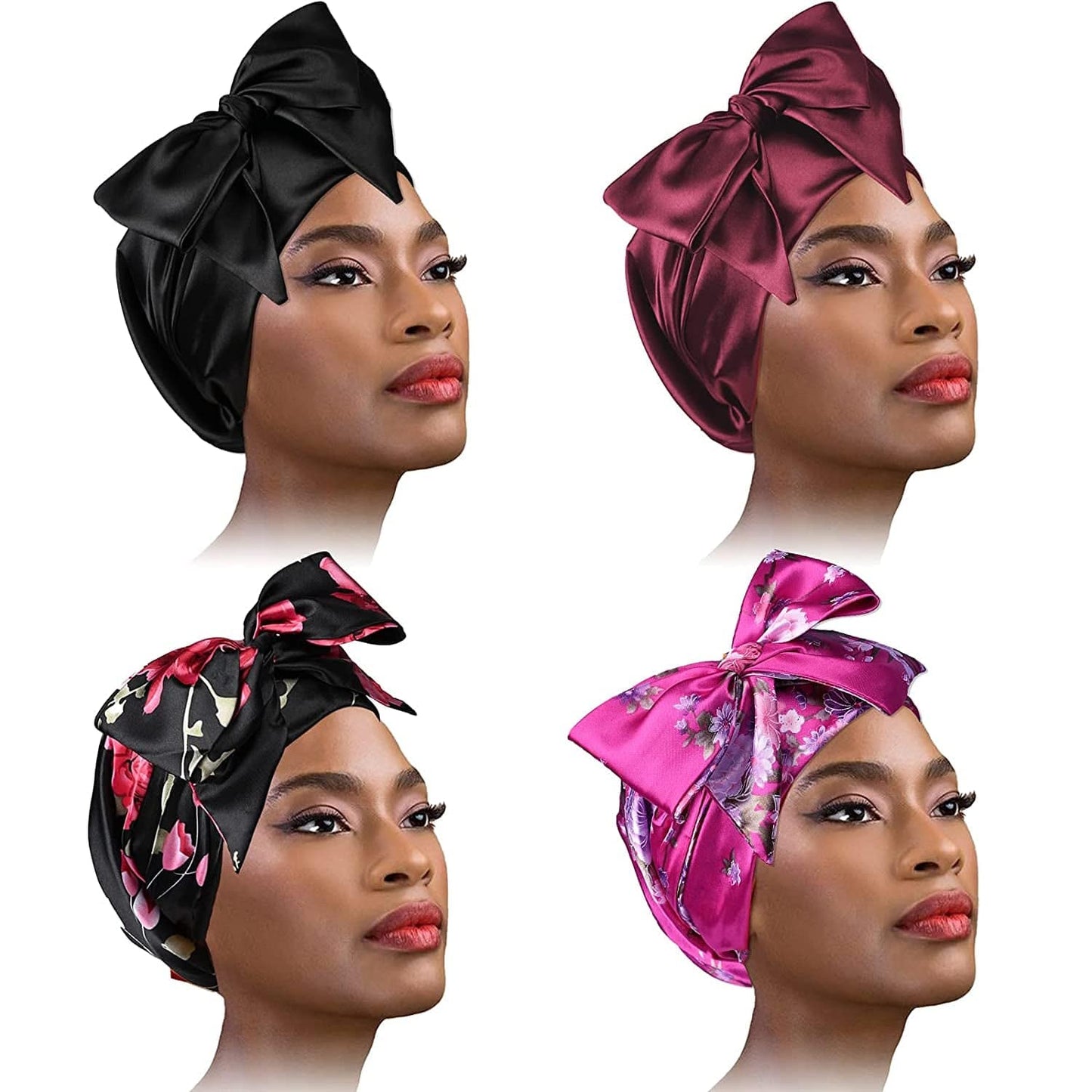 4 Piece Soft Satin Head Scarf Sleeping Cap Turbans Head Cover Bonnet Head Wear for Women (Set of 4) Apparel & Accessories > Clothing Accessories > Headwear YMHPRIDE Black, Black Flower, Rose Red, Rose Red Flower