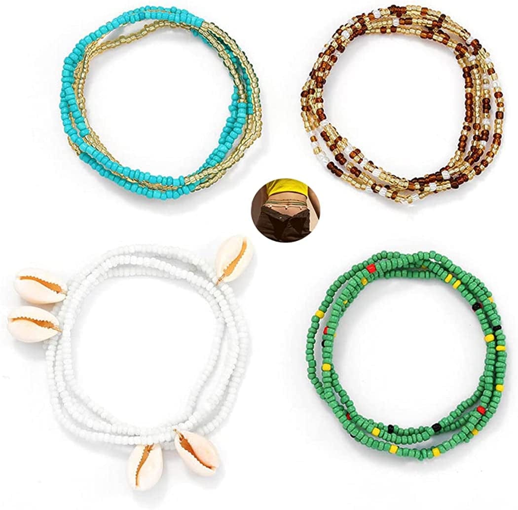 4 Piece Summer Boho Jewelry Waist Bead Set Colourful Shell Layered Beaded Belly Chains Bead African Waist Bead Body Chain Bikini Jewelry for Women and Girls Apparel & Accessories > Jewelry > Body Jewelry Fodmua