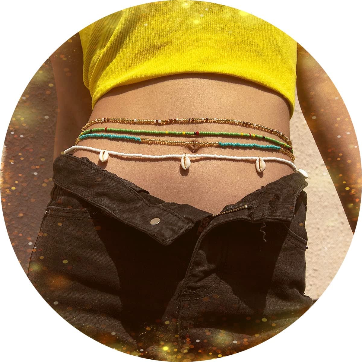 4 Piece Summer Boho Jewelry Waist Bead Set Colourful Shell Layered Beaded Belly Chains Bead African Waist Bead Body Chain Bikini Jewelry for Women and Girls Apparel & Accessories > Jewelry > Body Jewelry Fodmua