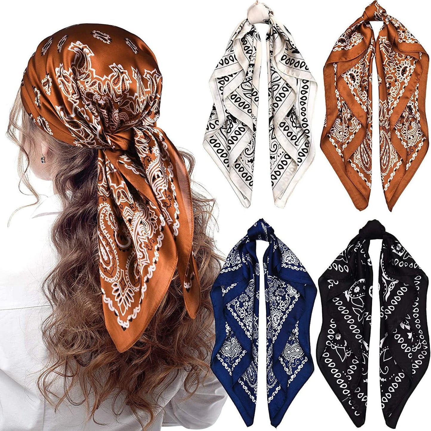 4 Pieces 27 Inch Satin Headband Scarves Silk Feeling Bandana Boho Head Scarves for Women Girls Apparel & Accessories > Clothing Accessories > Bandanas & Headties Syhood Navy Blue, Coffee, Black Beige