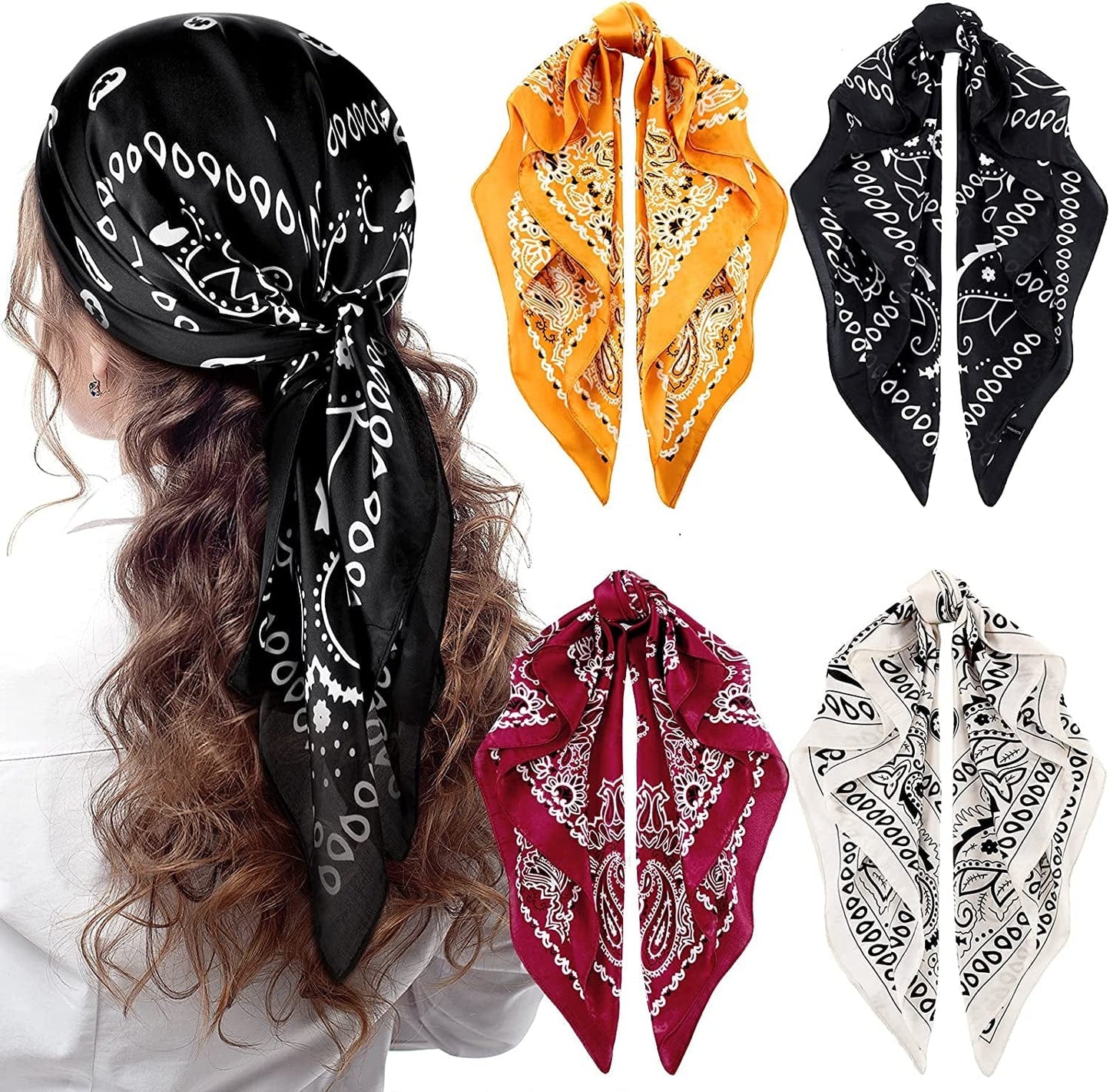 4 Pieces 27 Inch Satin Headband Scarves Silk Feeling Bandana Boho Head Scarves for Women Girls Apparel & Accessories > Clothing Accessories > Bandanas & Headties Syhood Black, Wine, Yellow, Beige