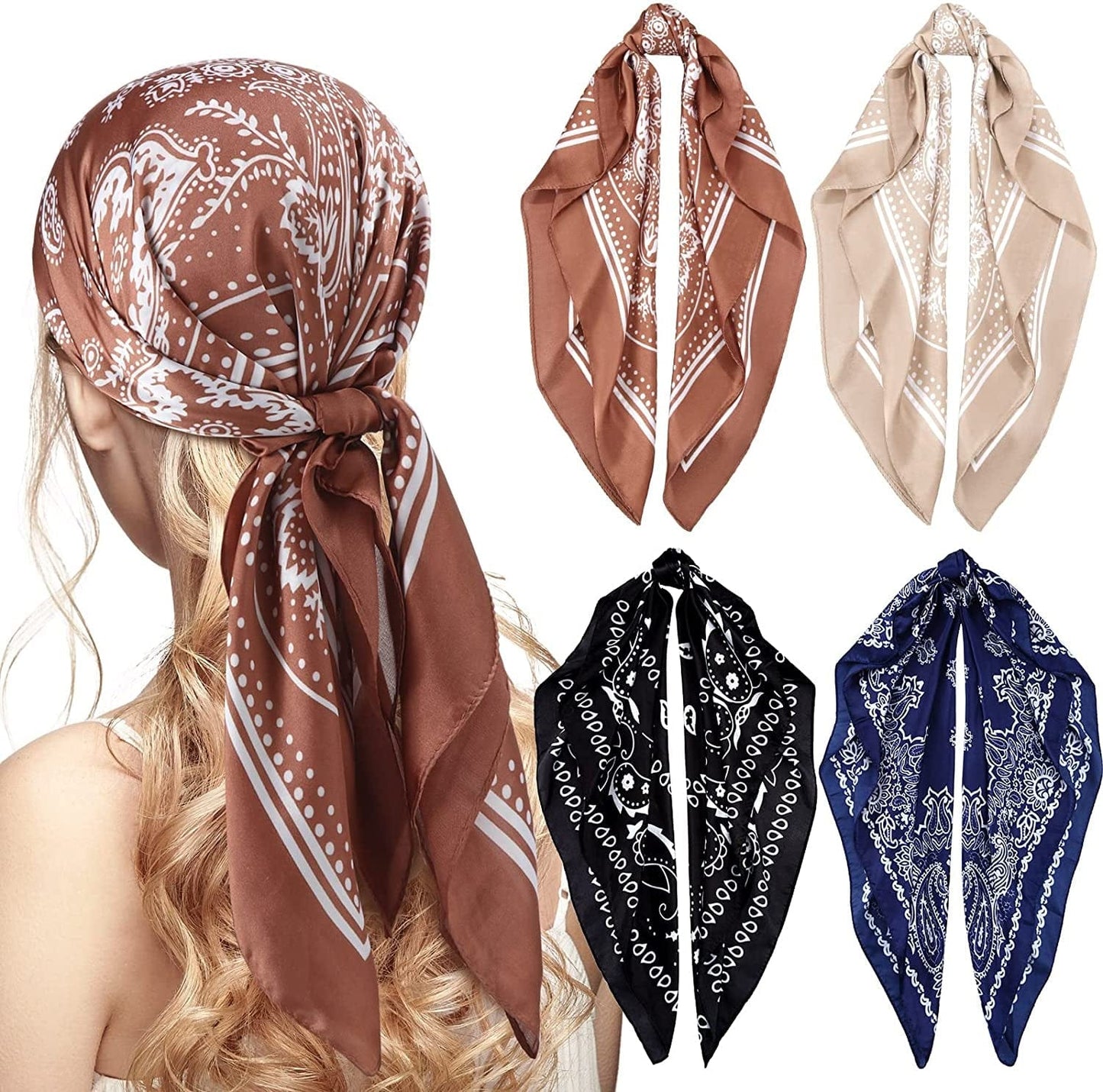 4 Pieces 27 Inch Satin Headband Scarves Silk Feeling Bandana Boho Head Scarves for Women Girls Apparel & Accessories > Clothing Accessories > Bandanas & Headties Syhood Brown, Khaki, Navy Blue, Black