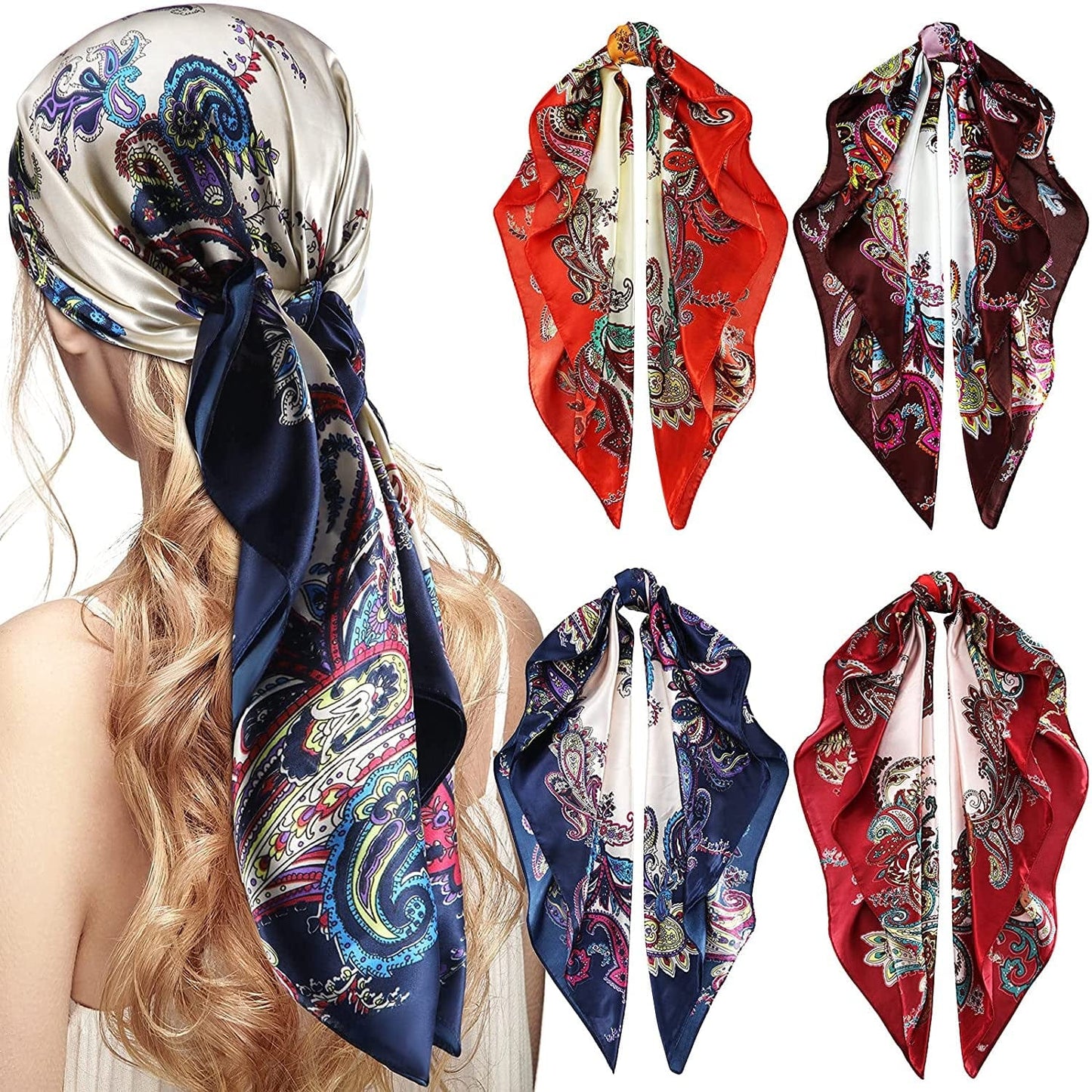 4 Pieces 35 Inch Satin Head Scarves Large Square Silky Feeling Headband Satin Boho Hair Bandanas for Women Girls (Elegant Series) Apparel & Accessories > Clothing Accessories > Bandanas & Headties Honoson Elegant Series