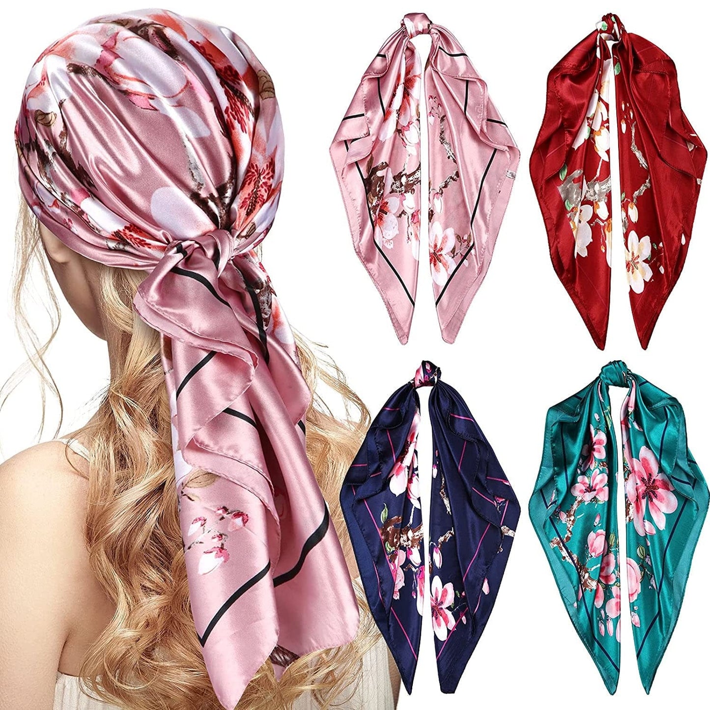 4 Pieces 35 Inch Satin Head Scarves Large Square Silky Feeling Headband Satin Boho Hair Bandanas for Women Girls (Elegant Series) Apparel & Accessories > Clothing Accessories > Bandanas & Headties Honoson Classic Series