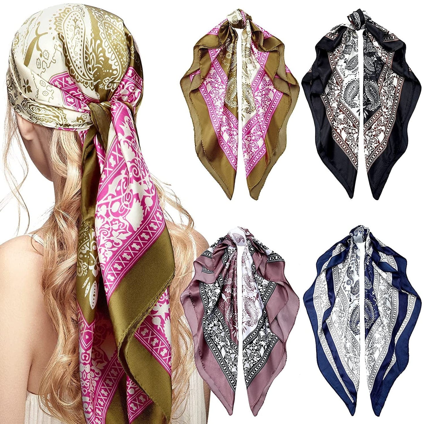 4 Pieces 35 Inch Satin Head Scarves Large Square Silky Feeling Headband Satin Boho Hair Bandanas for Women Girls (Elegant Series) Apparel & Accessories > Clothing Accessories > Bandanas & Headties Honoson Simple Series