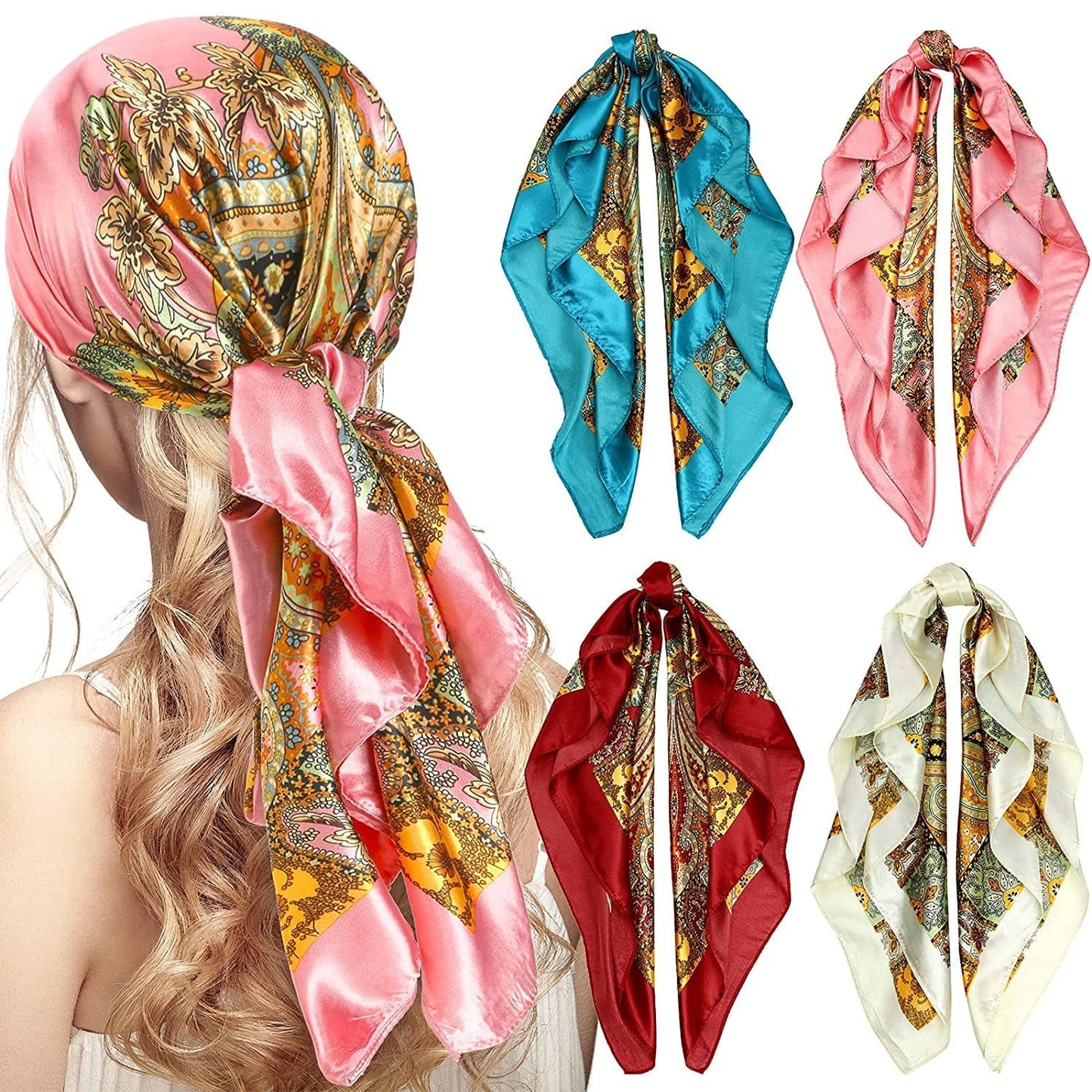4 Pieces 35 Inch Satin Head Scarves Large Square Silky Feeling Headband Satin Boho Hair Bandanas for Women Girls (Elegant Series) Apparel & Accessories > Clothing Accessories > Bandanas & Headties Honoson Vintage Series