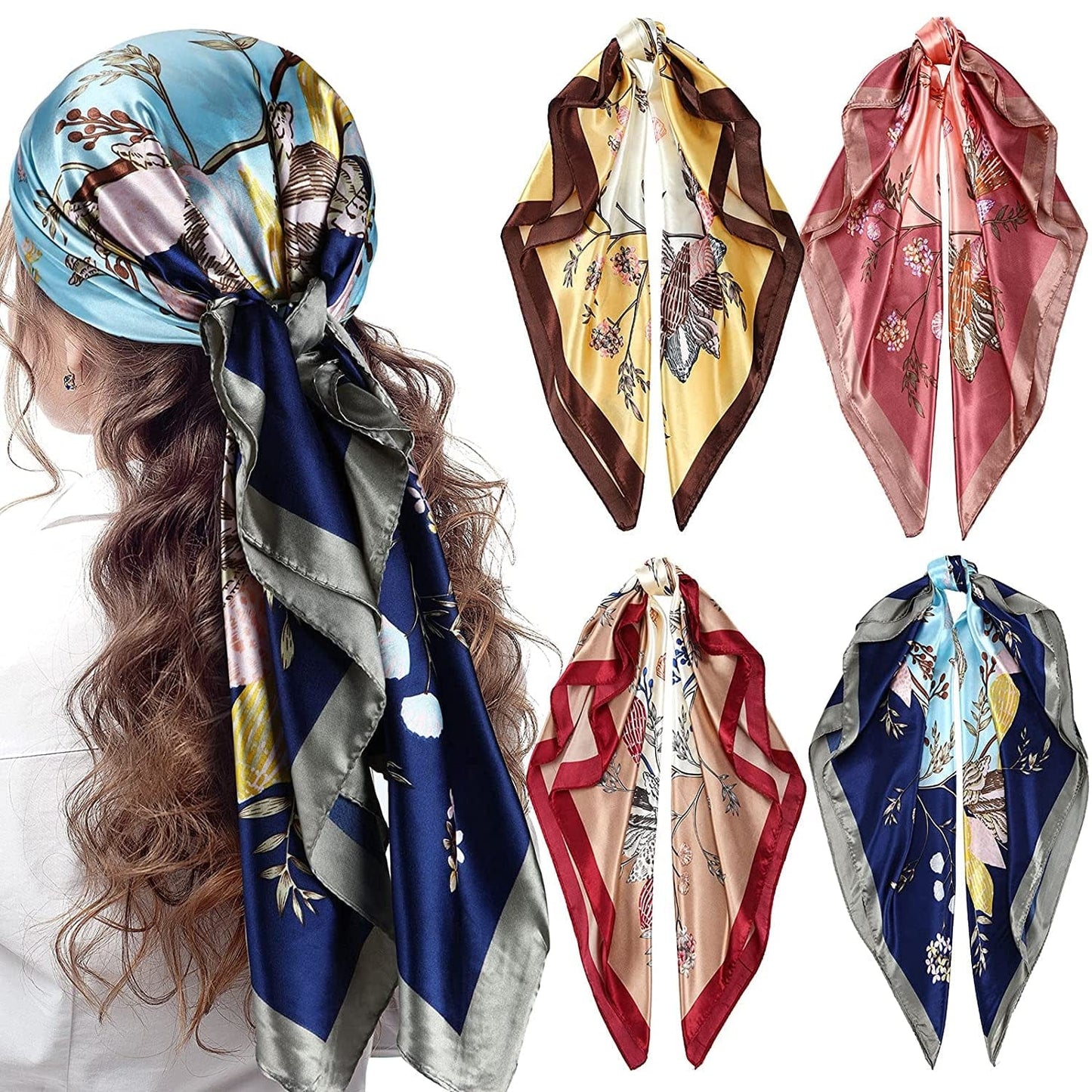 4 Pieces 35 Inch Satin Head Scarves Large Square Silky Feeling Headband Satin Boho Hair Bandanas for Women Girls (Elegant Series) Apparel & Accessories > Clothing Accessories > Bandanas & Headties Honoson Floral Series