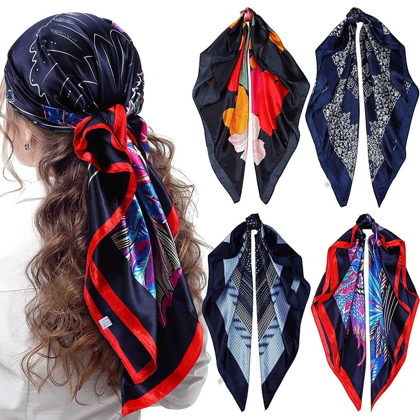 4 Pieces 35 Inch Satin Head Scarves Large Square Silky Feeling Headband Satin Boho Hair Bandanas for Women Girls (Elegant Series) Apparel & Accessories > Clothing Accessories > Bandanas & Headties Honoson Dated Series