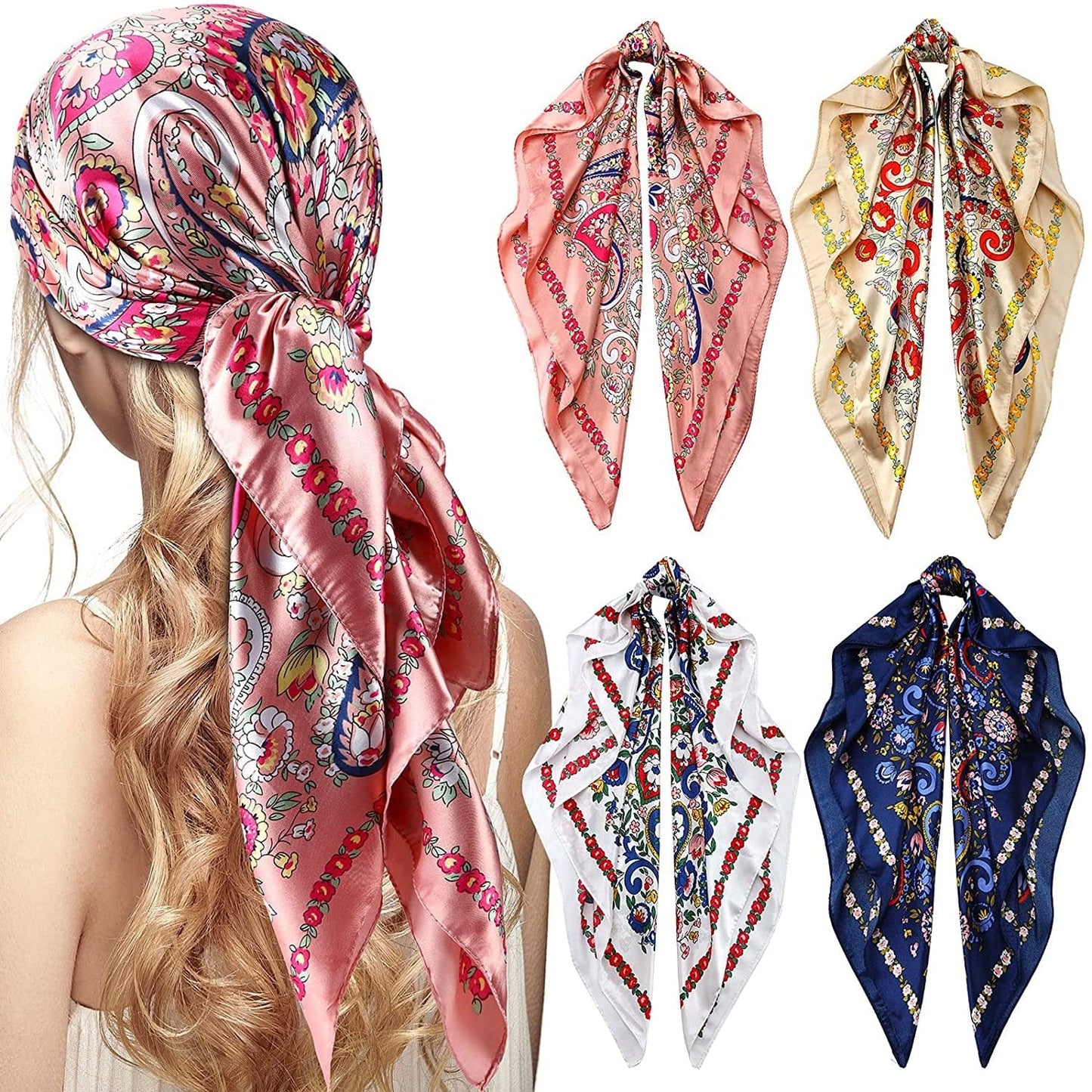 4 Pieces 35 Inch Satin Head Scarves Large Square Silky Feeling Headband Satin Boho Hair Bandanas for Women Girls (Elegant Series) Apparel & Accessories > Clothing Accessories > Bandanas & Headties Honoson Retro Series