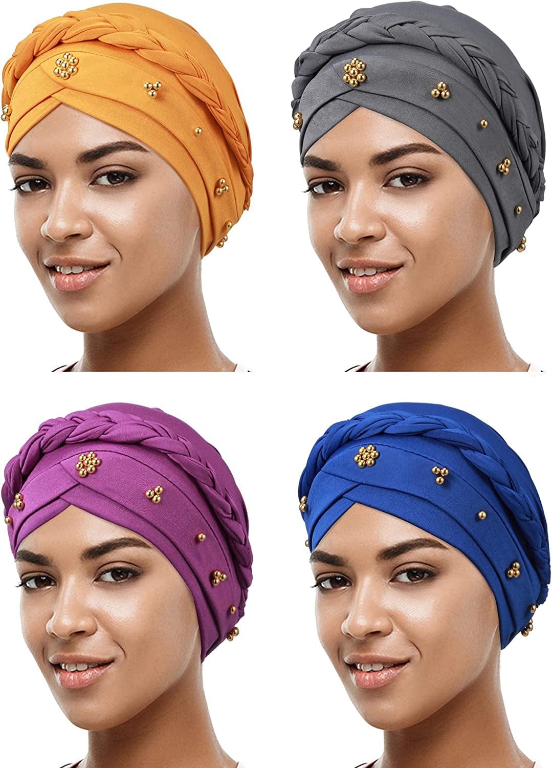 4 Pieces African Women Turban Cap Beaded Headscarf Beanie Twisted Braid Wrap Hat Faux Pearl Headwrap Apparel & Accessories > Clothing Accessories > Hats SATINIOR Grey, Yellow, Light Purple, Royal Blue Bead Style
