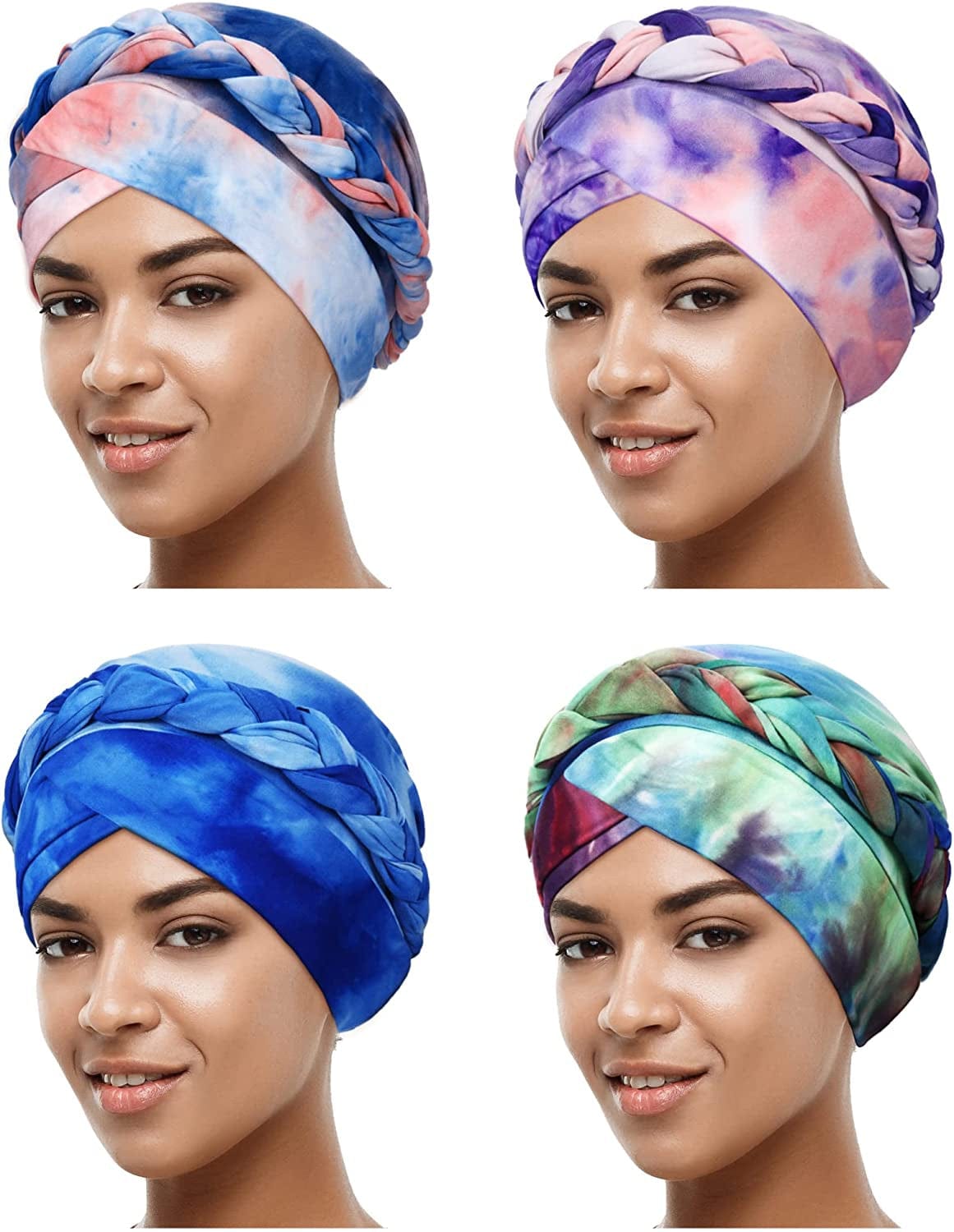 4 Pieces African Women Turban Cap Beaded Headscarf Beanie Twisted Braid Wrap Hat Faux Pearl Headwrap Apparel & Accessories > Clothing Accessories > Hats SATINIOR Fresh Colors Tie Dye Style