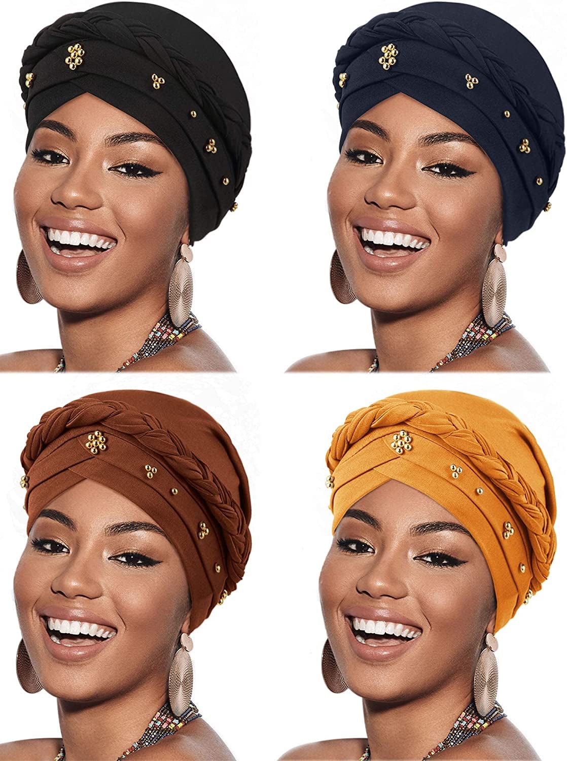 4 Pieces African Women Turban Cap Beaded Headscarf Beanie Twisted Braid Wrap Hat Faux Pearl Headwrap Apparel & Accessories > Clothing Accessories > Hats SATINIOR Yellow, Brown, Navy Blue, Black Bead Style