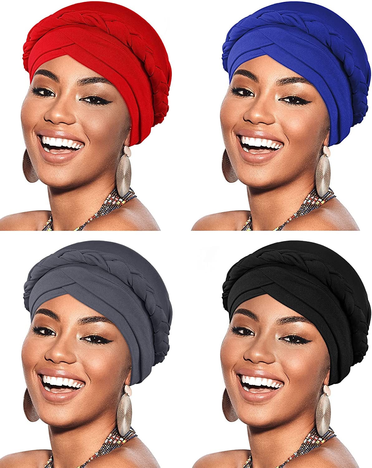 4 Pieces African Women Turban Cap Beaded Headscarf Beanie Twisted Braid Wrap Hat Faux Pearl Headwrap Apparel & Accessories > Clothing Accessories > Hats SATINIOR Black, Gray, Bright Red, Sapphire Blue Solid Color Style