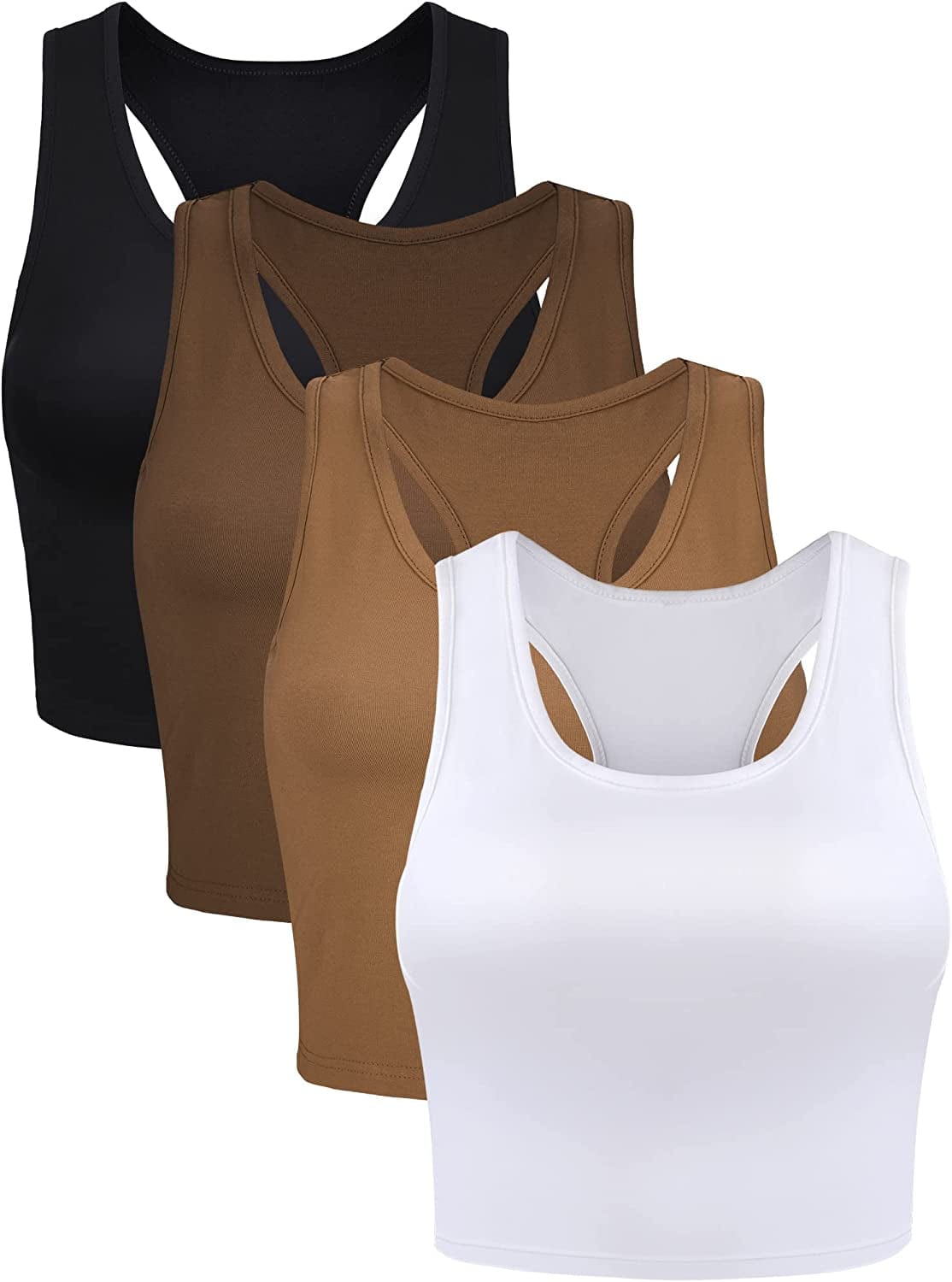 4 Pieces Basic Crop Tank Tops Sleeveless Racerback Crop Sport Top for Women Black, White, Dark Chocolate, Chocolate / Small