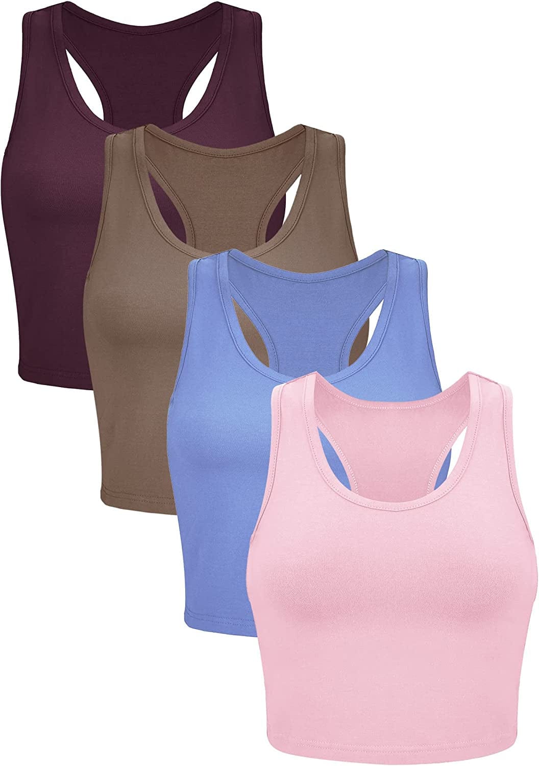 4 Pieces Basic Crop Tank Tops Sleeveless Racerback Crop Sport Top for Women Leather Pink, Coffee, Serenity, Dark Red / Small