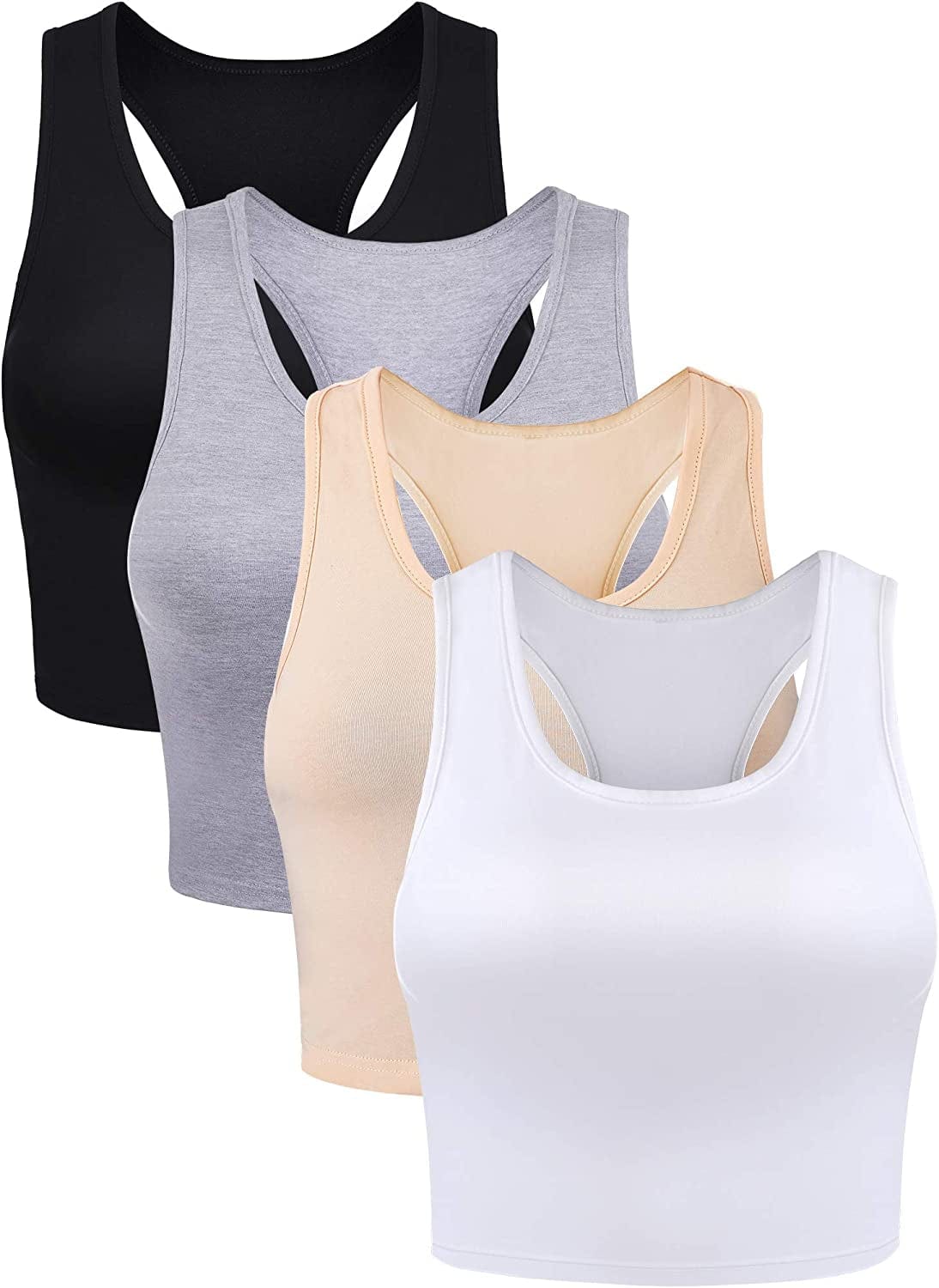 4 Pieces Basic Crop Tank Tops Sleeveless Racerback Crop Sport Top for Women Black, White, Light Grey, Beige / Small