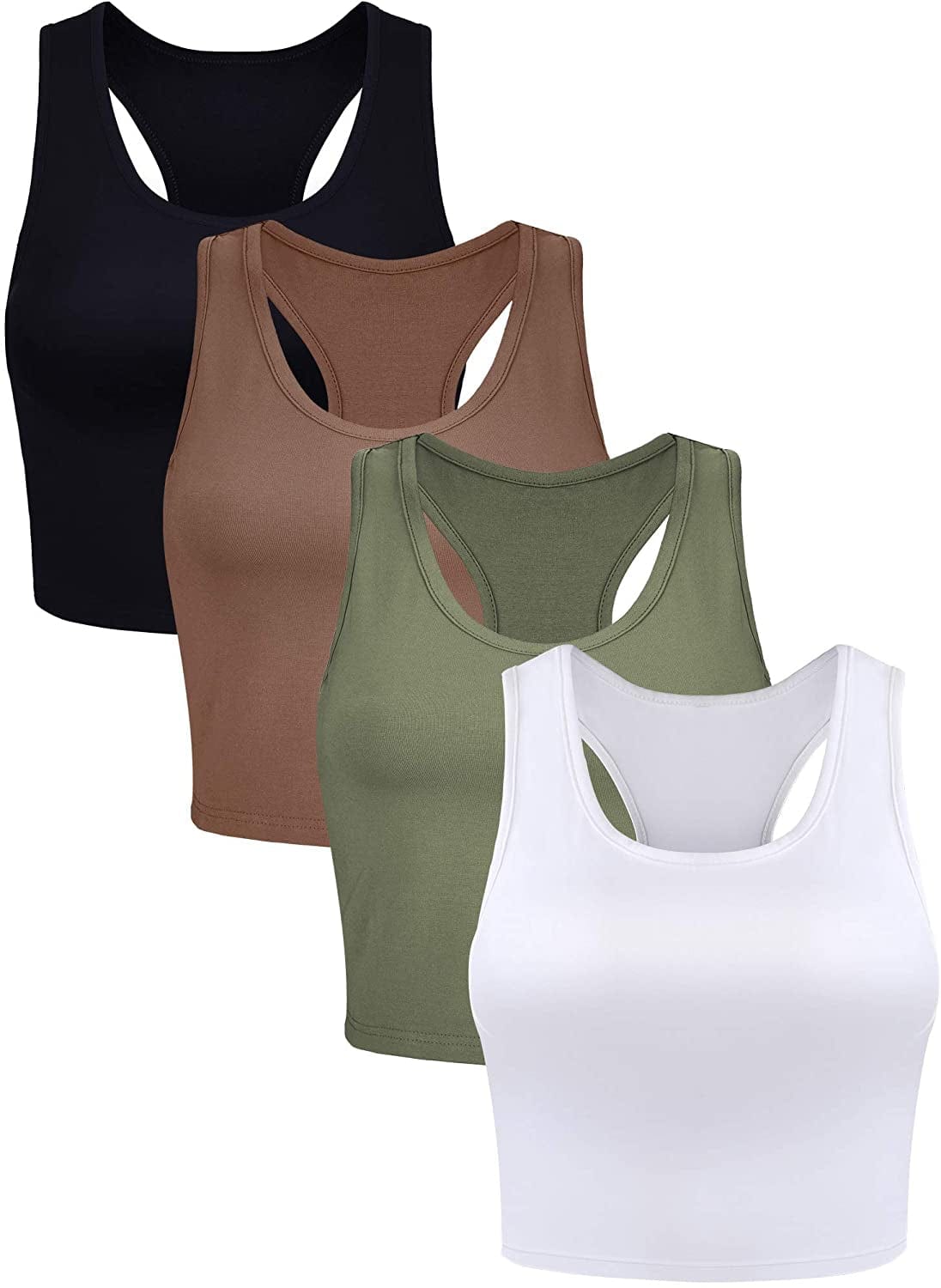 4 Pieces Basic Crop Tank Tops Sleeveless Racerback Crop Sport Top for Women Black, White, Army Green, Coffee / XX-Large