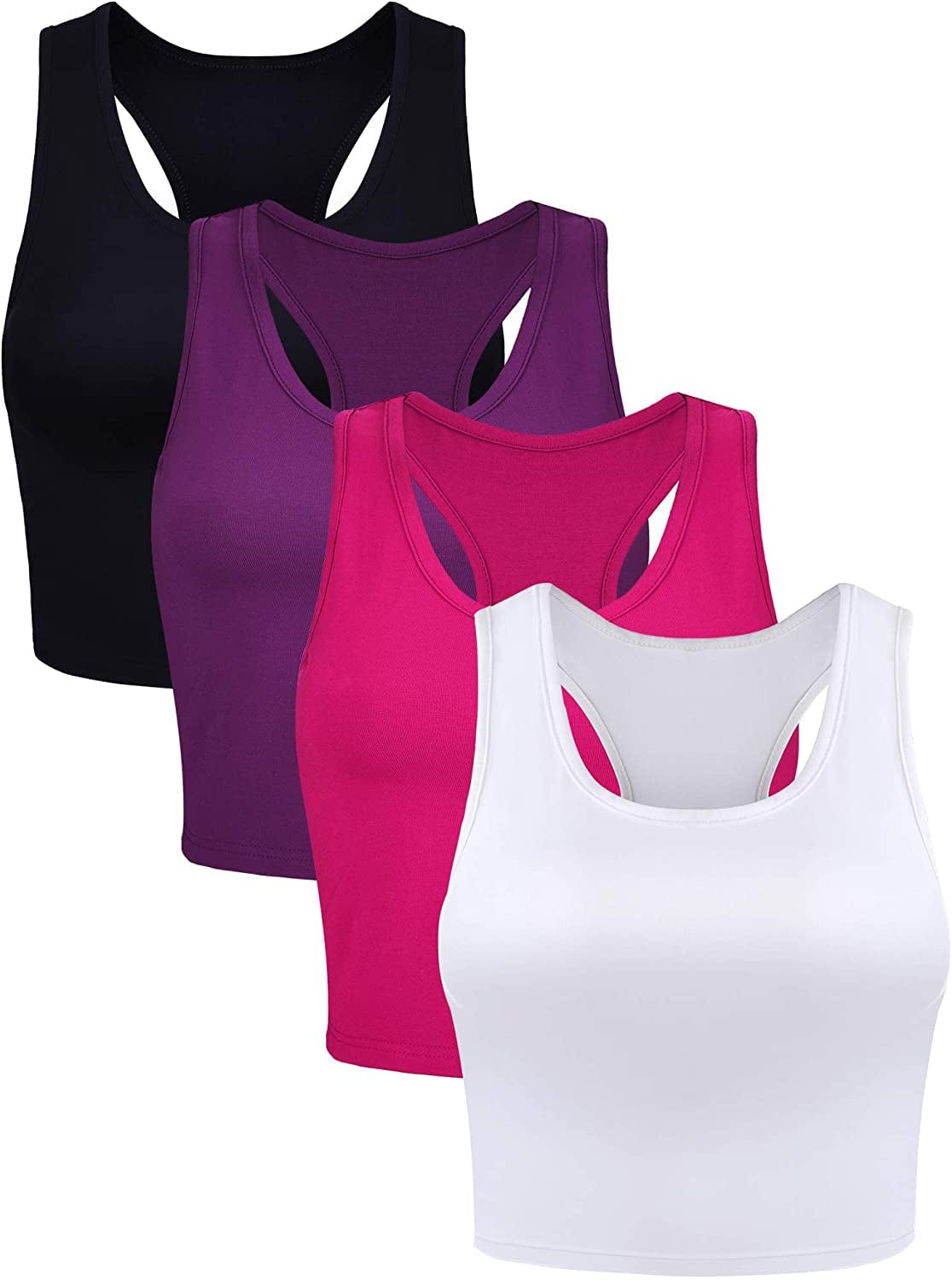 4 Pieces Basic Crop Tank Tops Sleeveless Racerback Crop Sport Top for Women Black, White, Rose Red, Purple / Small
