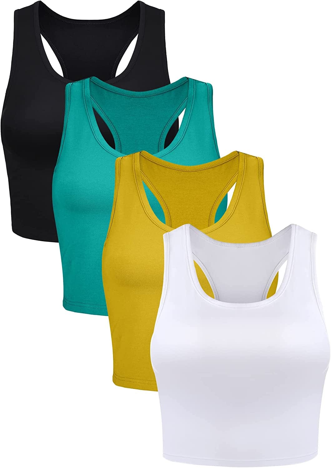 4 Pieces Basic Crop Tank Tops Sleeveless Racerback Crop Sport Top for Women Black, White, Bright Yellow, Green / Small