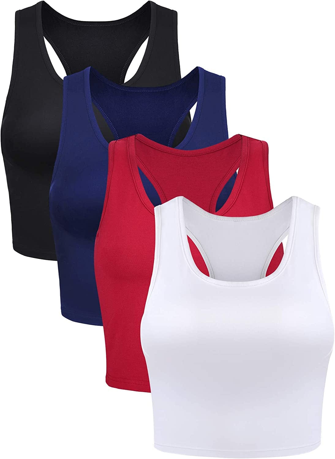 4 Pieces Basic Crop Tank Tops Sleeveless Racerback Crop Sport Top for Women Black, White, Wine Red, Navy Blue / Small