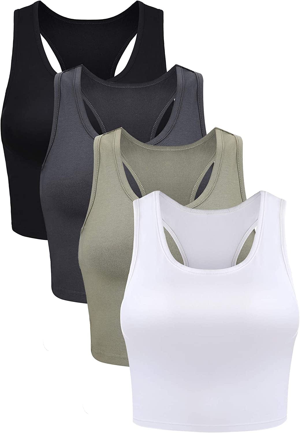 4 Pieces Basic Crop Tank Tops Sleeveless Racerback Crop Sport Top for Women Black, White, Grey, Olive Green / XX-Large
