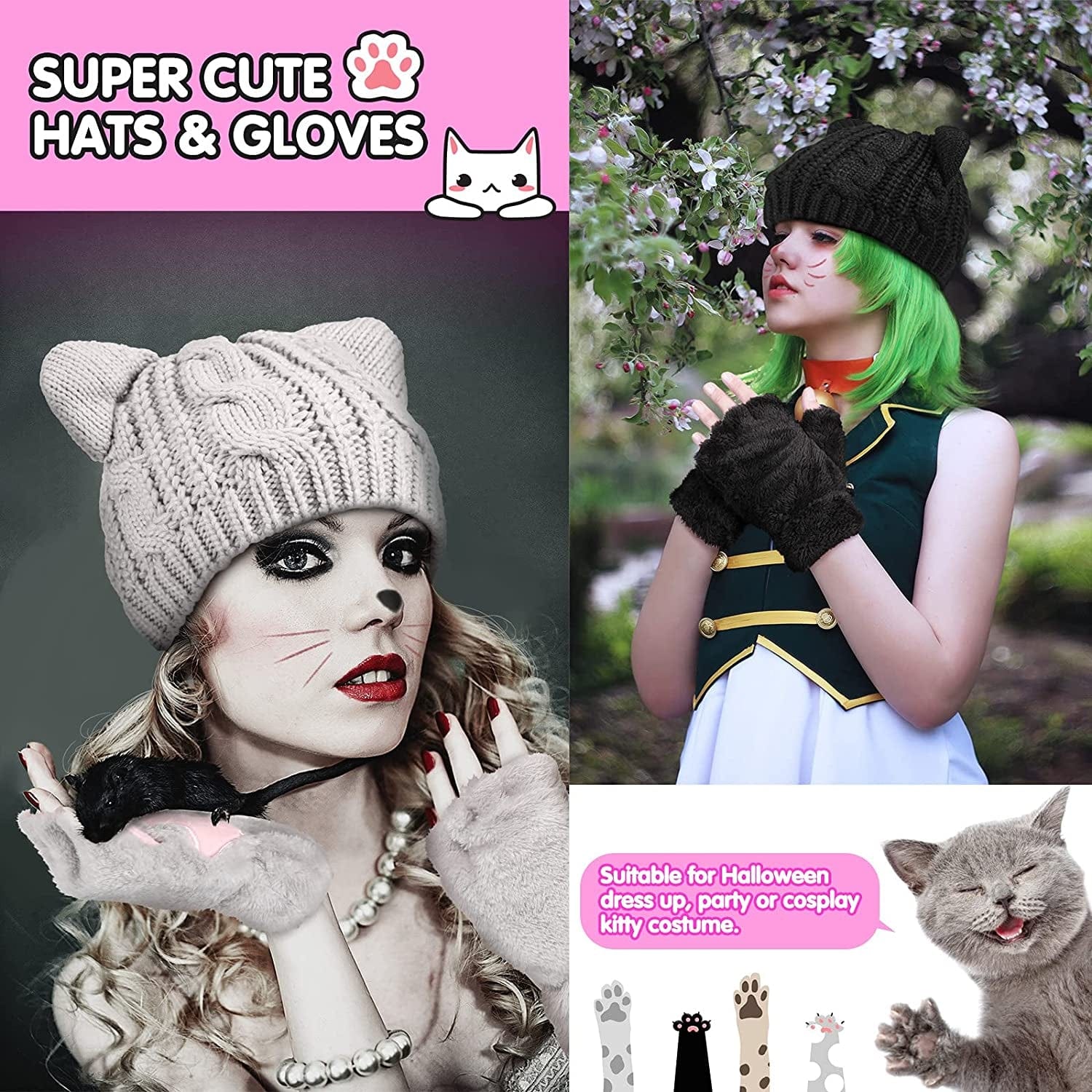 4 Pieces Cat Ear Beanie Hat Crochet Braided Knit Hats Winter Knitted Cable Hat with Cat Paw Gloves Faux Fur Fingerless Mittens Winter Warm Animal Furry Claw Gloves with Rope for Girls Women Apparel & Accessories > Clothing Accessories > Gloves & Mittens Sintege