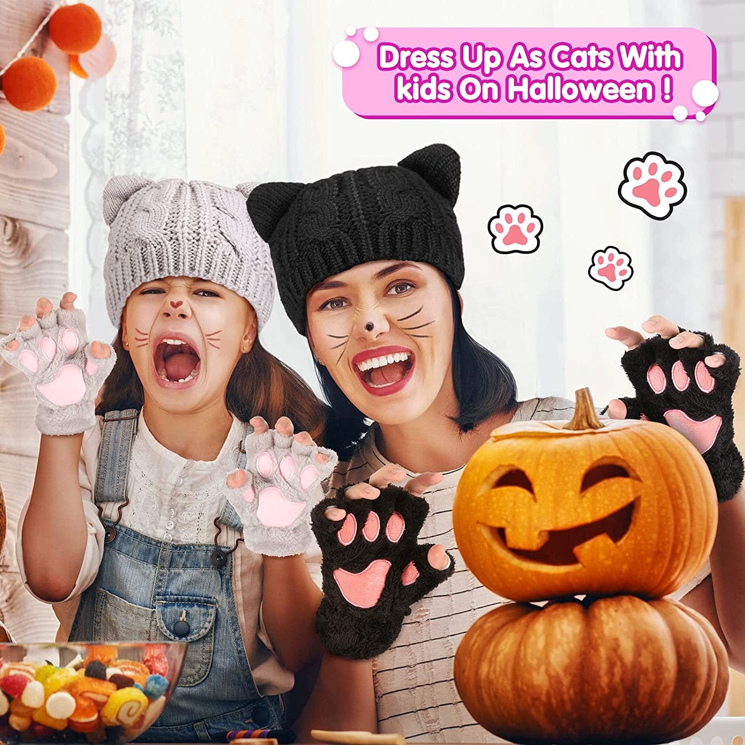 4 Pieces Cat Ear Beanie Hat Crochet Braided Knit Hats Winter Knitted Cable Hat with Cat Paw Gloves Faux Fur Fingerless Mittens Winter Warm Animal Furry Claw Gloves with Rope for Girls Women Apparel & Accessories > Clothing Accessories > Gloves & Mittens Sintege