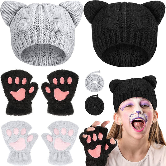 4 Pieces Cat Ear Beanie Hat Crochet Braided Knit Hats Winter Knitted Cable Hat with Cat Paw Gloves Faux Fur Fingerless Mittens Winter Warm Animal Furry Claw Gloves with Rope for Girls Women Apparel & Accessories > Clothing Accessories > Gloves & Mittens Sintege