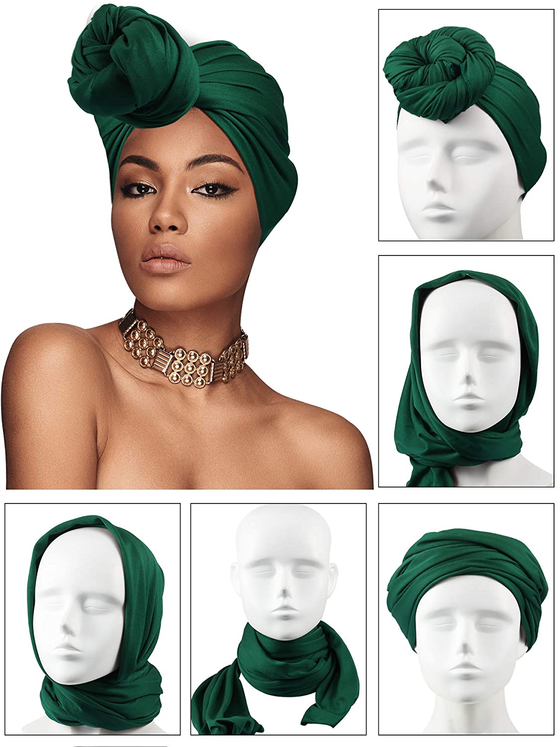 4 Pieces Head Scarf Turban Long Hair Head Wrap Scarf Soft Stretch Headwrap Headband Solid Color Turban Tie (Black, White, Green, Purple) Apparel & Accessories > Clothing Accessories > Bandanas & Headties SATINIOR