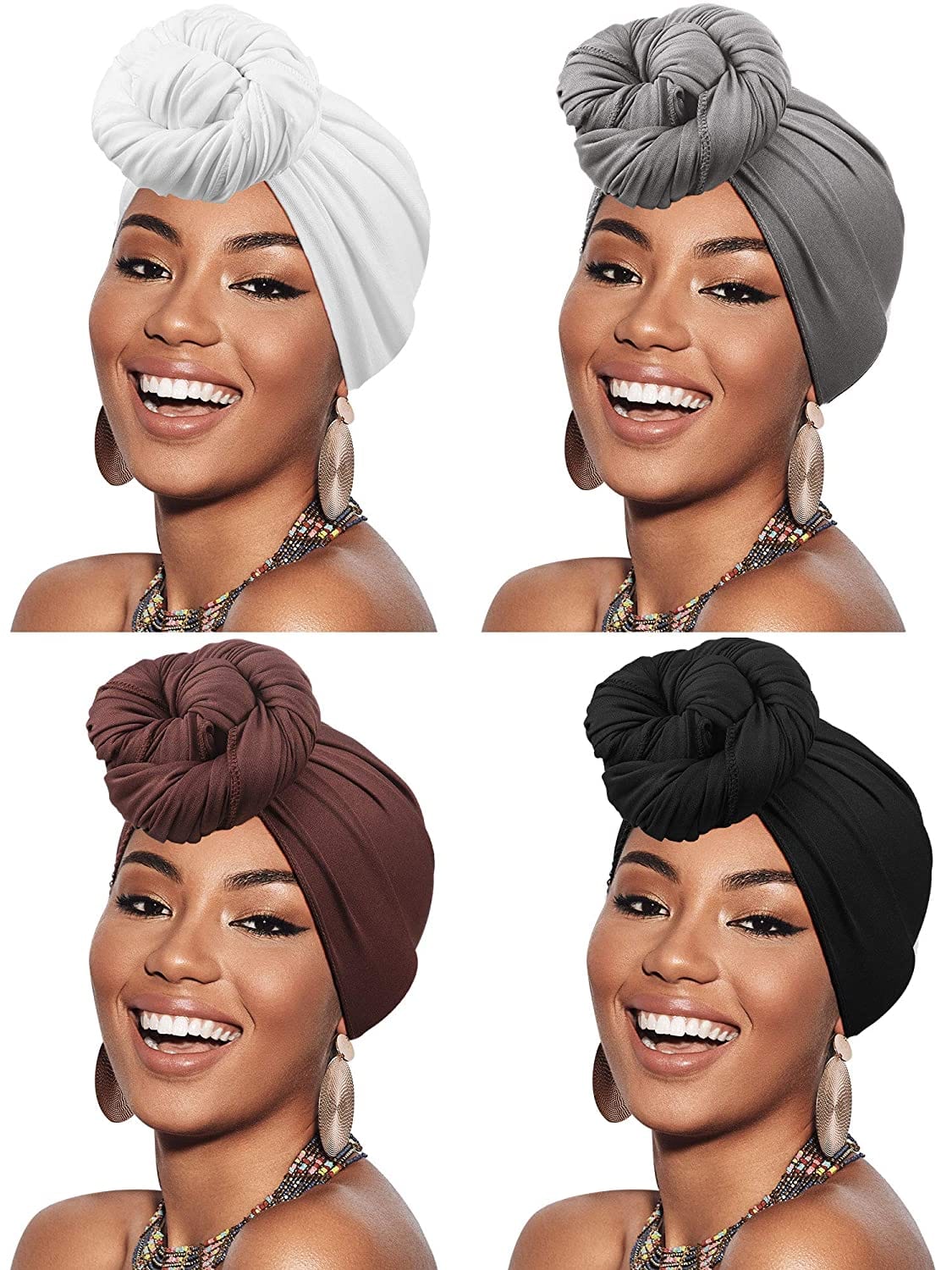 4 Pieces Head Scarf Turban Long Hair Head Wrap Scarf Soft Stretch Headwrap Headband Solid Color Turban Tie (Black, White, Green, Purple) Apparel & Accessories > Clothing Accessories > Bandanas & Headties SATINIOR Black, White, Grey, Brown