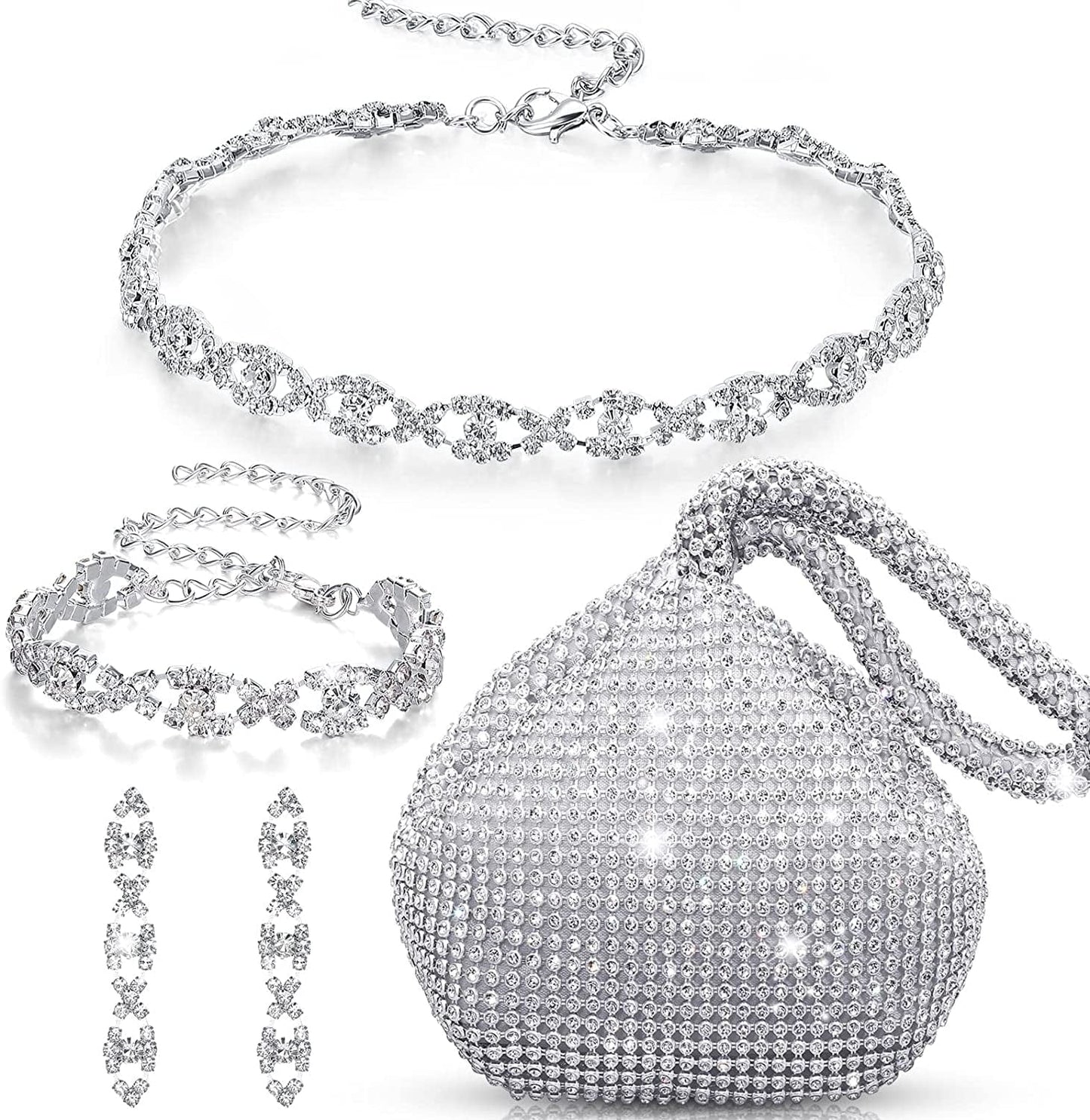 4 Pieces Rhinestone Necklace Choker Bracelet Earring Clutch Purses Jewelry Set Women Crystal Triangle Bling Diamond Purse Rhinestone Bag for Wedding Party Silver