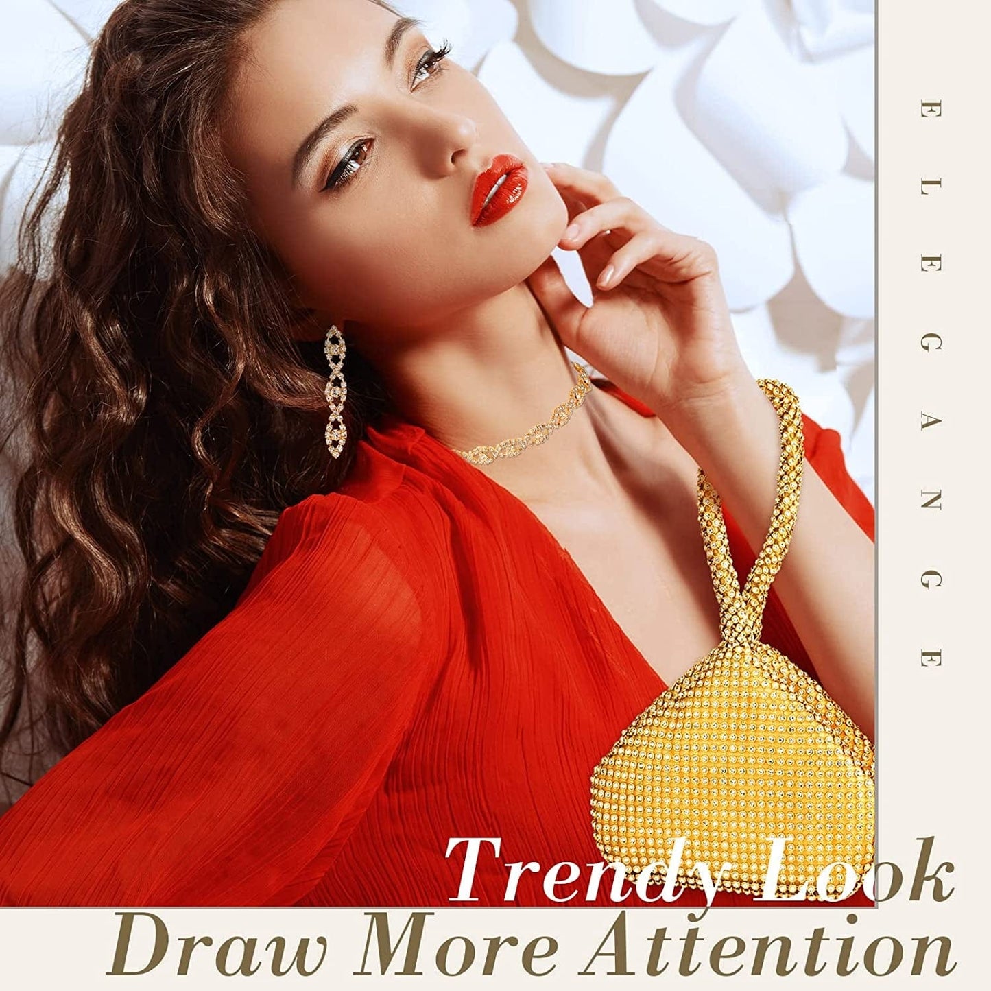 4 Pieces Rhinestone Necklace Choker Bracelet Earring Clutch Purses Jewelry Set Women Crystal Triangle Bling Diamond Purse Rhinestone Bag for Wedding Party