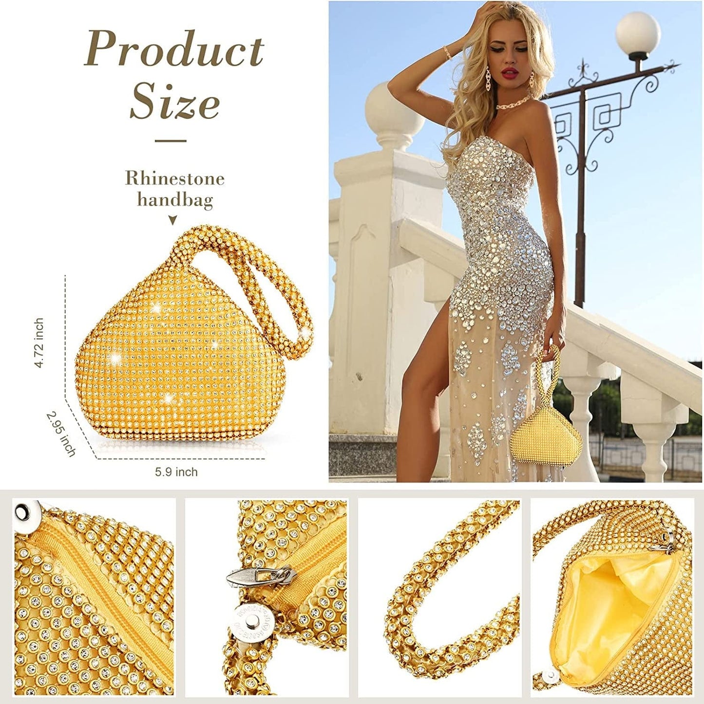 4 Pieces Rhinestone Necklace Choker Bracelet Earring Clutch Purses Jewelry Set Women Crystal Triangle Bling Diamond Purse Rhinestone Bag for Wedding Party