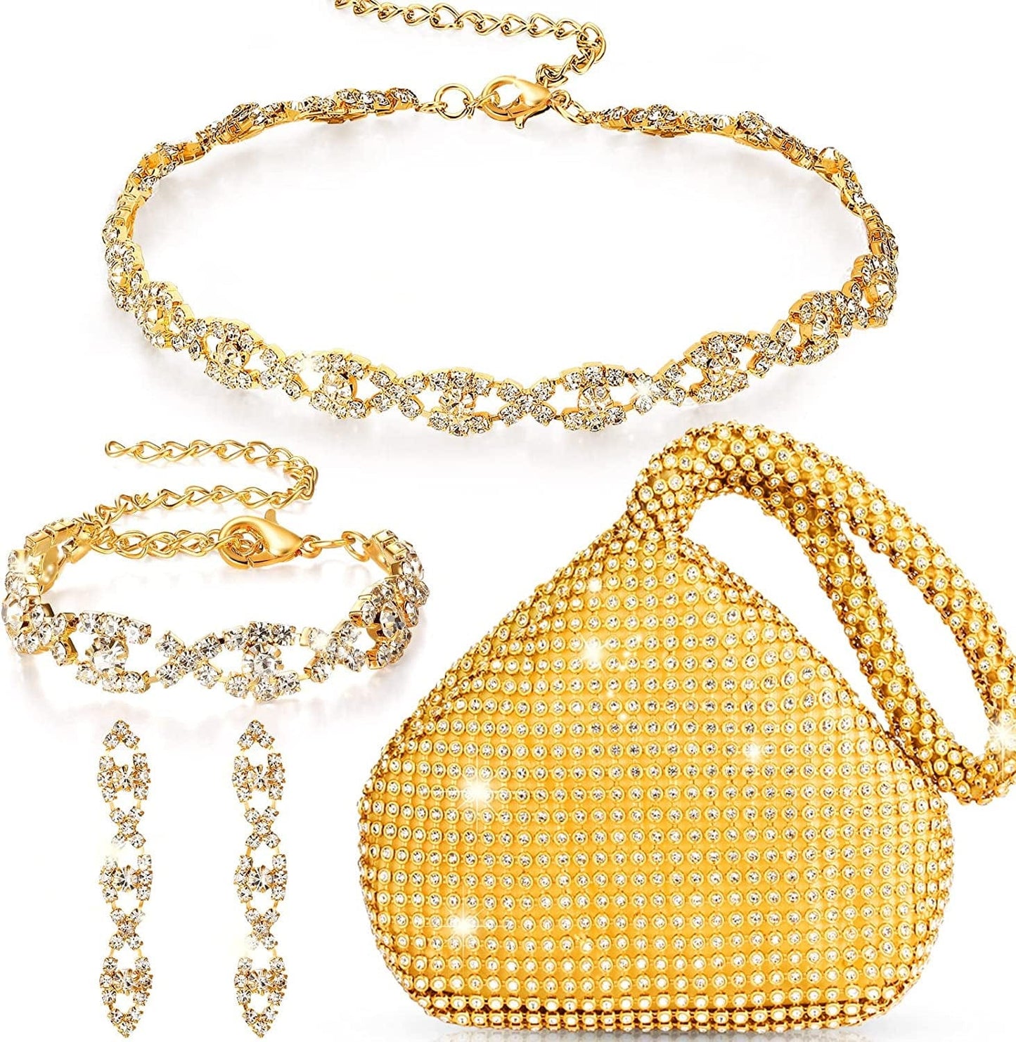 4 Pieces Rhinestone Necklace Choker Bracelet Earring Clutch Purses Jewelry Set Women Crystal Triangle Bling Diamond Purse Rhinestone Bag for Wedding Party Gold