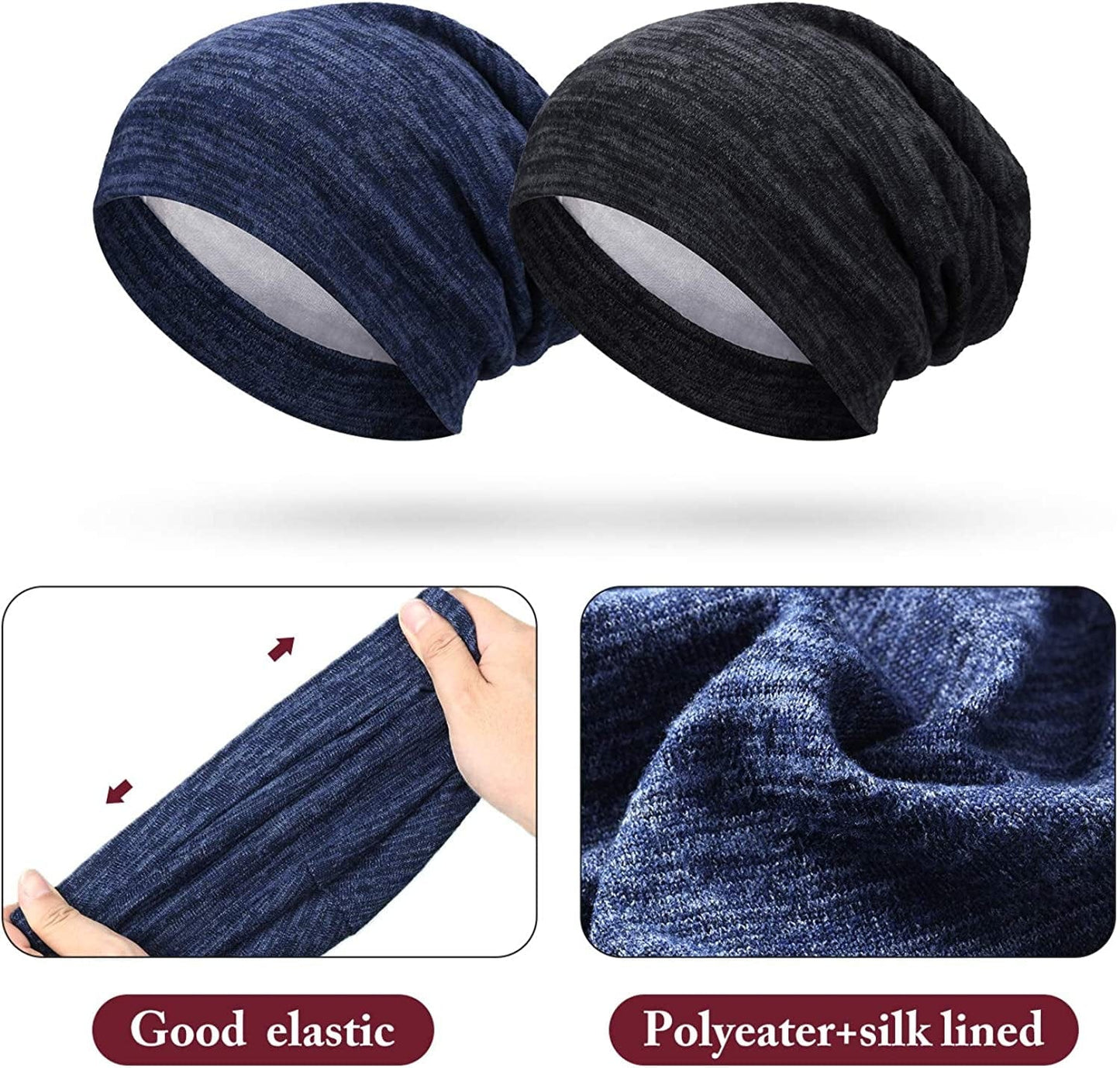 4 Pieces Satin Lined Sleep Cap Slouchy Beanie Hat Night Hair Cap for Women (Black, Navy Blue, Khaki, Wine Red) Apparel & Accessories > Clothing Accessories > Headwear SATINIOR