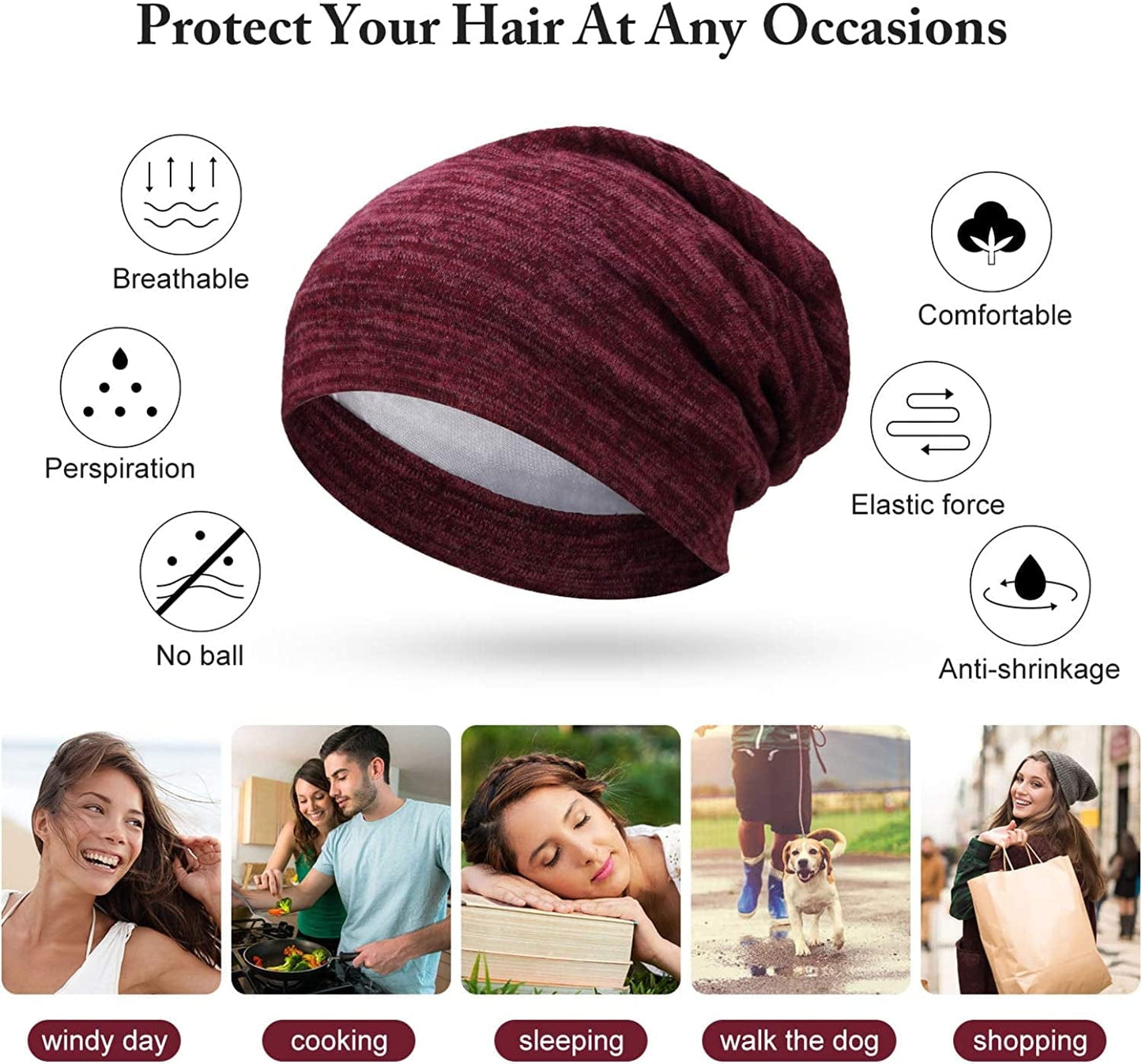 4 Pieces Satin Lined Sleep Cap Slouchy Beanie Hat Night Hair Cap for Women (Black, Navy Blue, Khaki, Wine Red) Apparel & Accessories > Clothing Accessories > Headwear SATINIOR