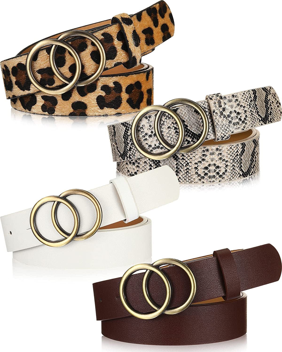 4 Pieces Women Faux Leather Waist Belt for Ladies Jeans Pants with Double O-Ring Buckle Apparel & Accessories > Clothing Accessories > Belts Geyoga Coffee, White