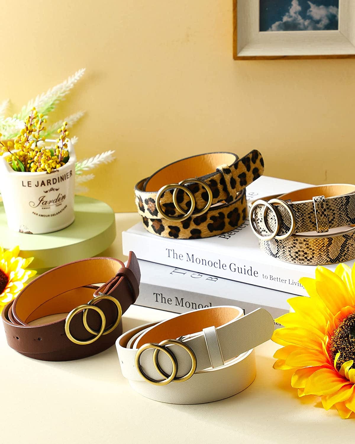 4 Pieces Women Faux Leather Waist Belt for Ladies Jeans Pants with Double O-Ring Buckle Apparel & Accessories > Clothing Accessories > Belts Geyoga