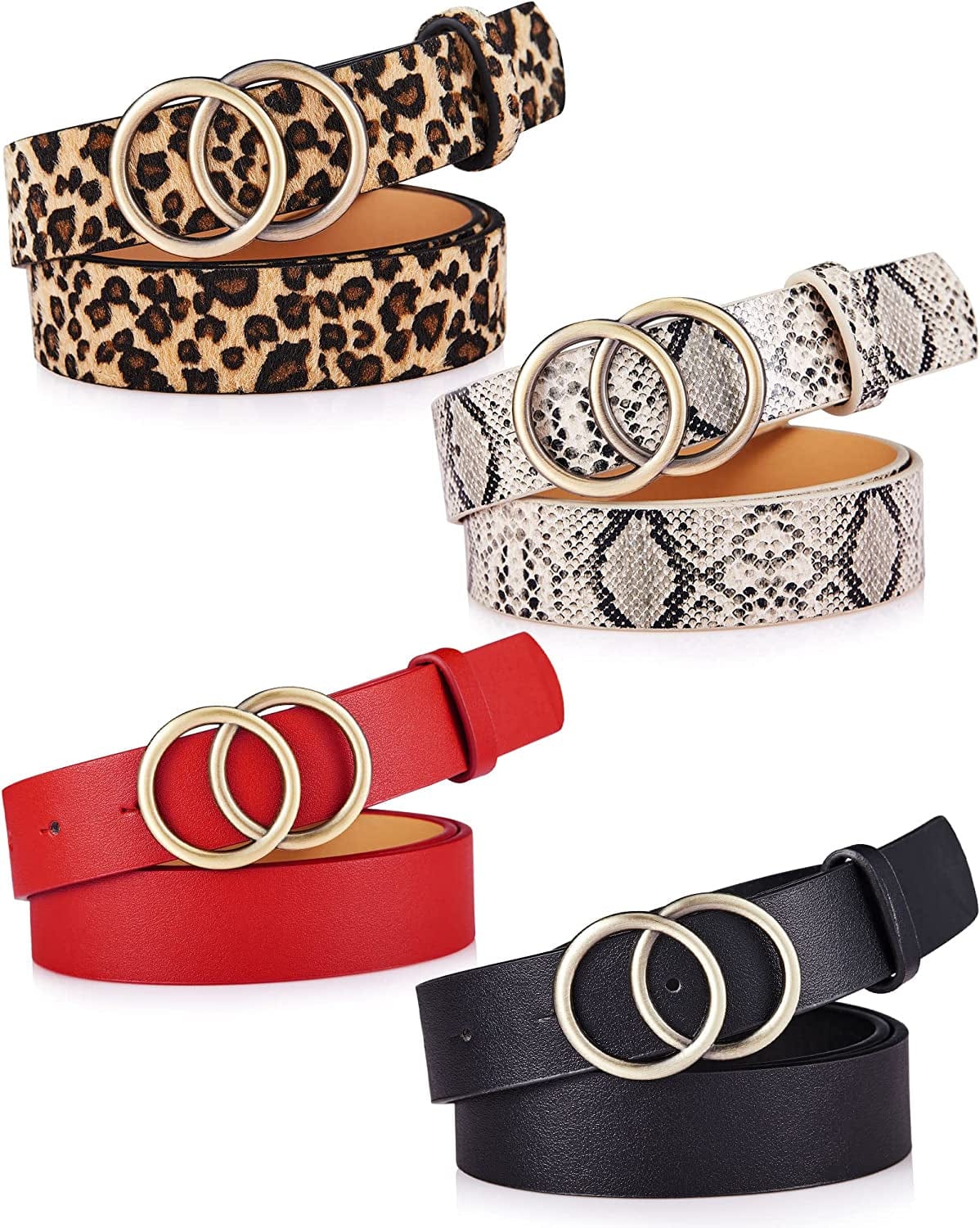 4 Pieces Women Faux Leather Waist Belt for Ladies Jeans Pants with Double O-Ring Buckle Apparel & Accessories > Clothing Accessories > Belts Geyoga Red, Black