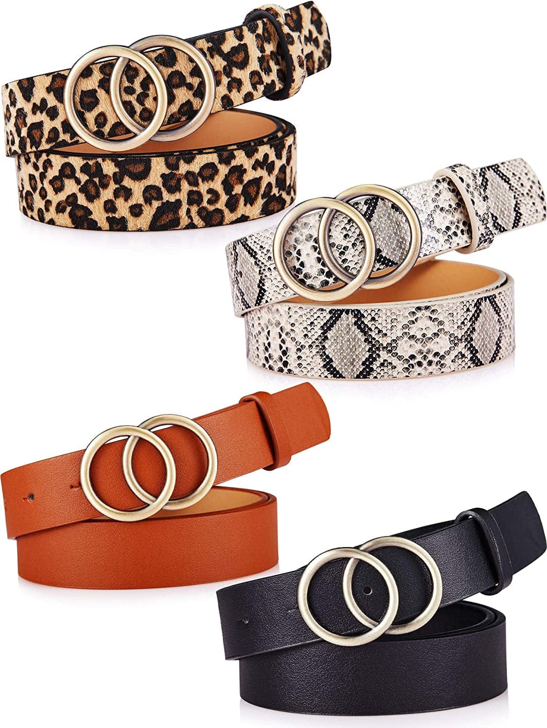 4 Pieces Women Faux Leather Waist Belt for Ladies Jeans Pants with Double O-Ring Buckle Apparel & Accessories > Clothing Accessories > Belts Geyoga Nana