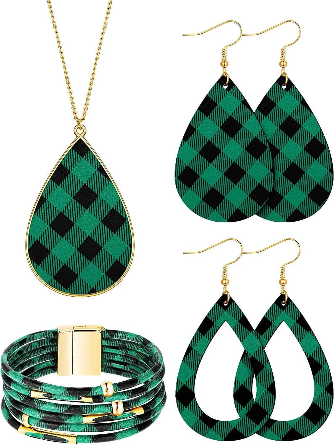 4 Pieces Women'S Glitter Jewelry Set Bridal Wedding Multi-Layer Bracelet Faux Leather Dangle Earrings Necklace Black, Green