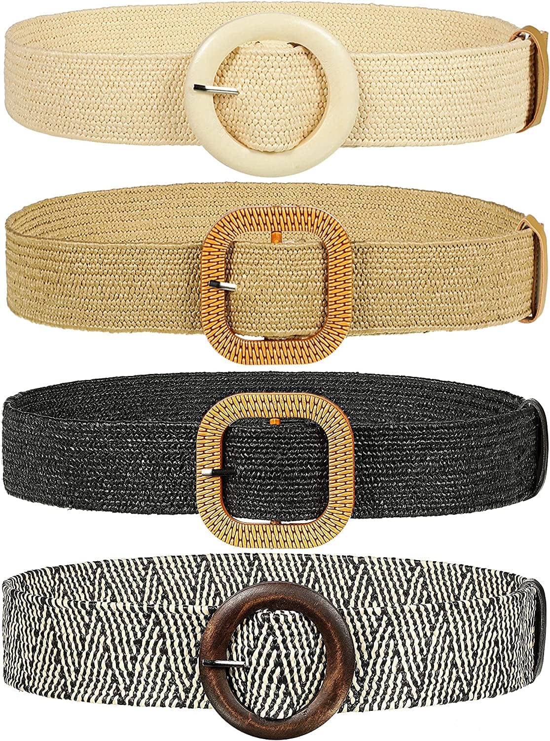 4 Pieces Woven Elastic Waist Belt for Women Straw Woven Style Skinny Dress Belt Waist Band with Vintage Buckle for Women Ladies Dresses Pants, 4 Styles Apparel & Accessories > Clothing Accessories > Belts Geyoga