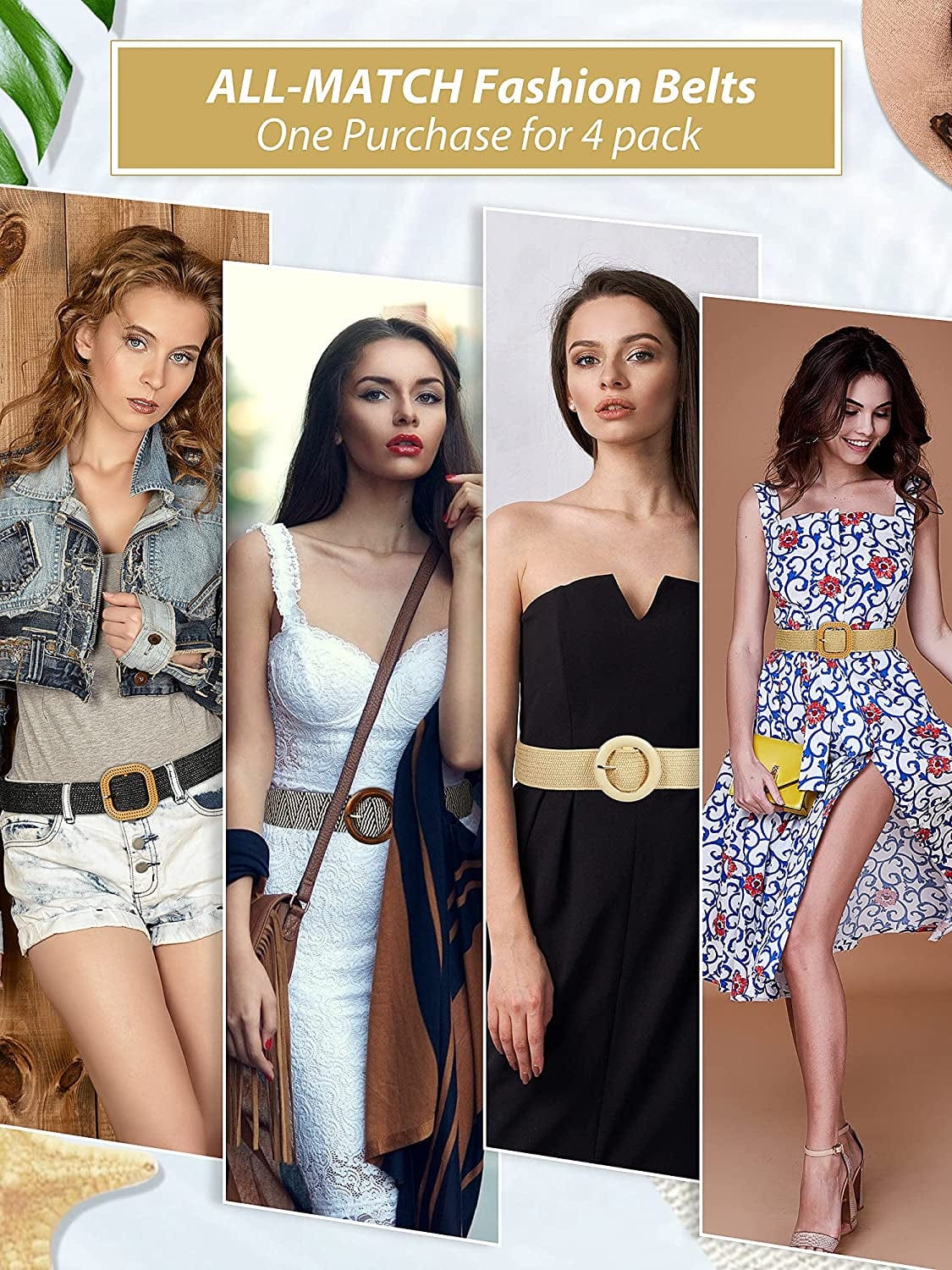 4 Pieces Woven Elastic Waist Belt for Women Straw Woven Style Skinny Dress Belt Waist Band with Vintage Buckle for Women Ladies Dresses Pants, 4 Styles Apparel & Accessories > Clothing Accessories > Belts Geyoga