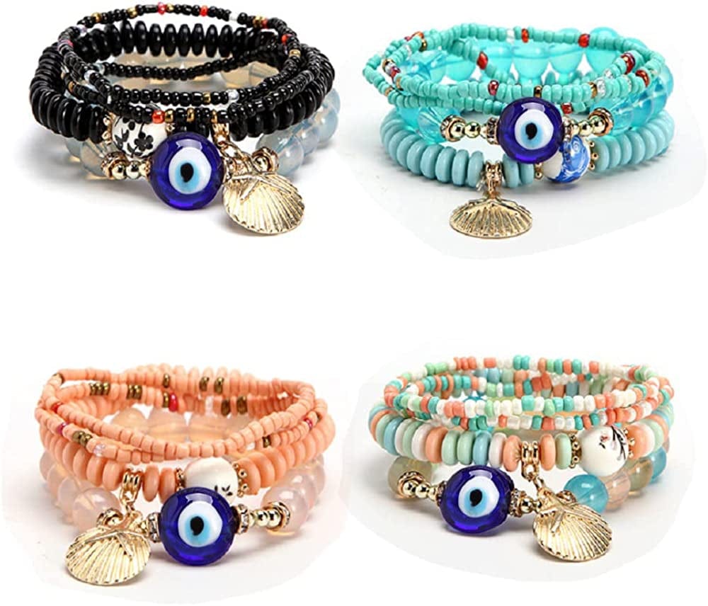 4 Sets Bohemian Stretch Beads Bracelets Multilayer Evil Eye Hamsa Hand Bracelet Boho Charms Stretch Stackable Bracelet Handmade Multicolor Crystal Beaded Lucky Protection Bangles Strand Bracelet Set 4sets evileye