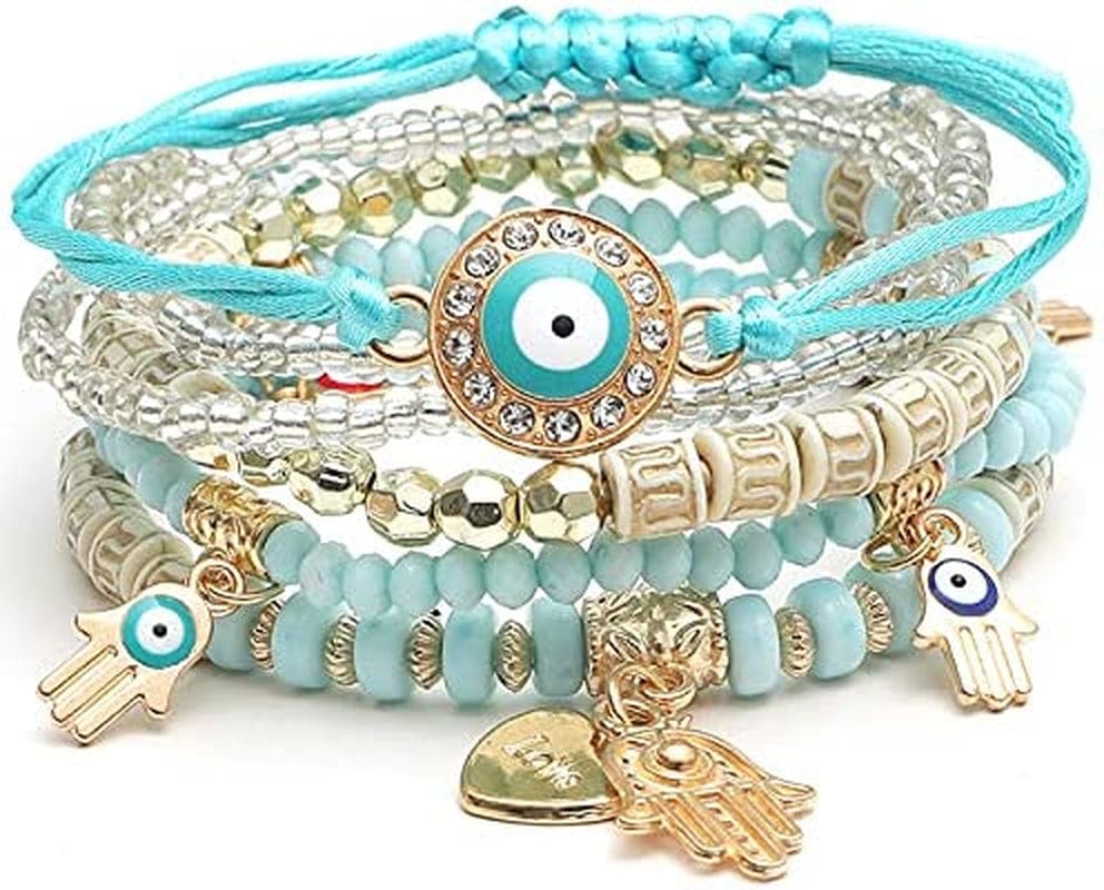 4 Sets Bohemian Stretch Beads Bracelets Multilayer Evil Eye Hamsa Hand Bracelet Boho Charms Stretch Stackable Bracelet Handmade Multicolor Crystal Beaded Lucky Protection Bangles Strand Bracelet Set