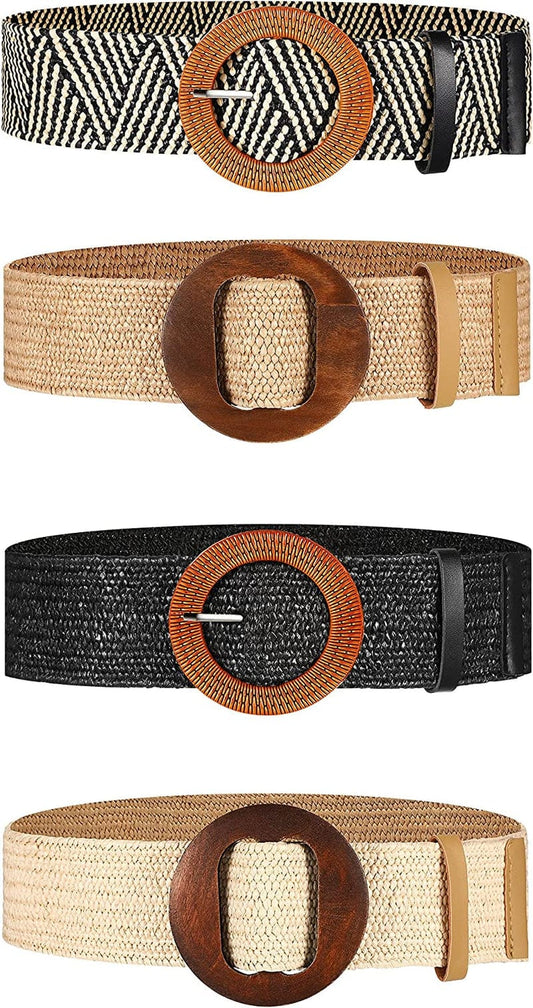 4 Styles Women Belts for Dresses, Elastic Straw Rattan Waist Band with Wood Buckle Fan-Shape round Buckle for Women, Girls, White, Black, Beige, Stripe Apparel & Accessories > Clothing Accessories > Belts Geyoga