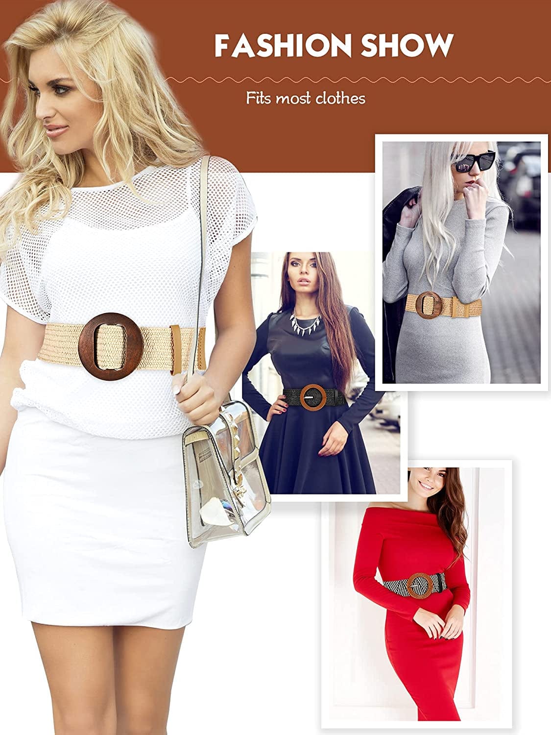 4 Styles Women Belts for Dresses, Elastic Straw Rattan Waist Band with Wood Buckle Fan-Shape round Buckle for Women, Girls, White, Black, Beige, Stripe Apparel & Accessories > Clothing Accessories > Belts Geyoga