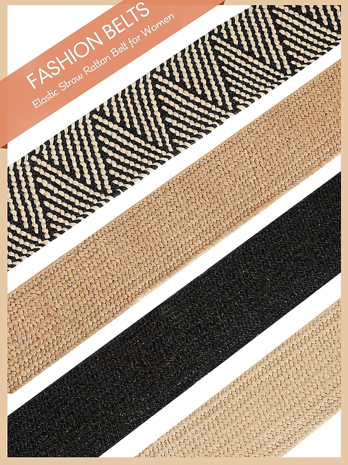 4 Styles Women Belts for Dresses, Elastic Straw Rattan Waist Band with Wood Buckle Fan-Shape round Buckle for Women, Girls, White, Black, Beige, Stripe Apparel & Accessories > Clothing Accessories > Belts Geyoga