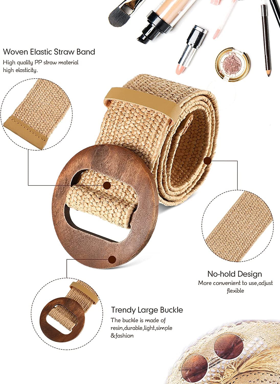 4 Styles Women Belts for Dresses, Elastic Straw Rattan Waist Band with Wood Buckle Fan-Shape round Buckle for Women, Girls, White, Black, Beige, Stripe Apparel & Accessories > Clothing Accessories > Belts Geyoga